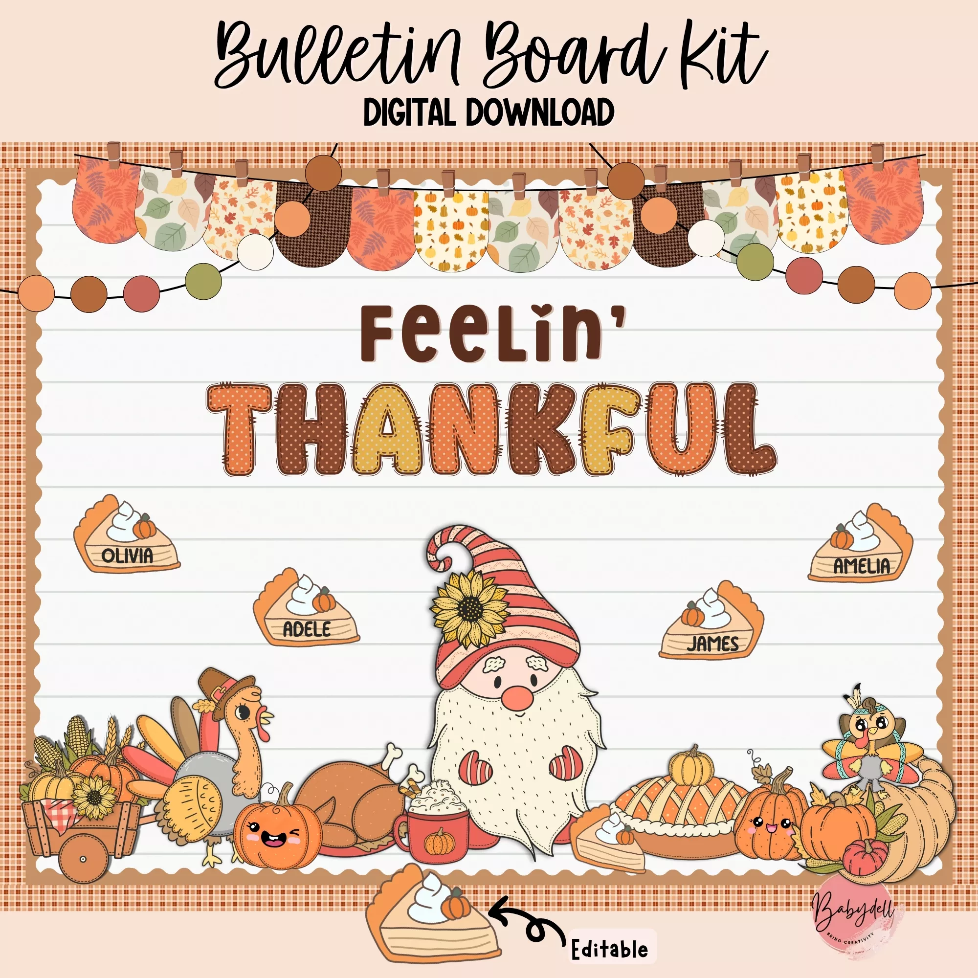 Thankful Gnome Bulletin Board Kit | Editable Fall & Thanksgiving Classroom Decor
