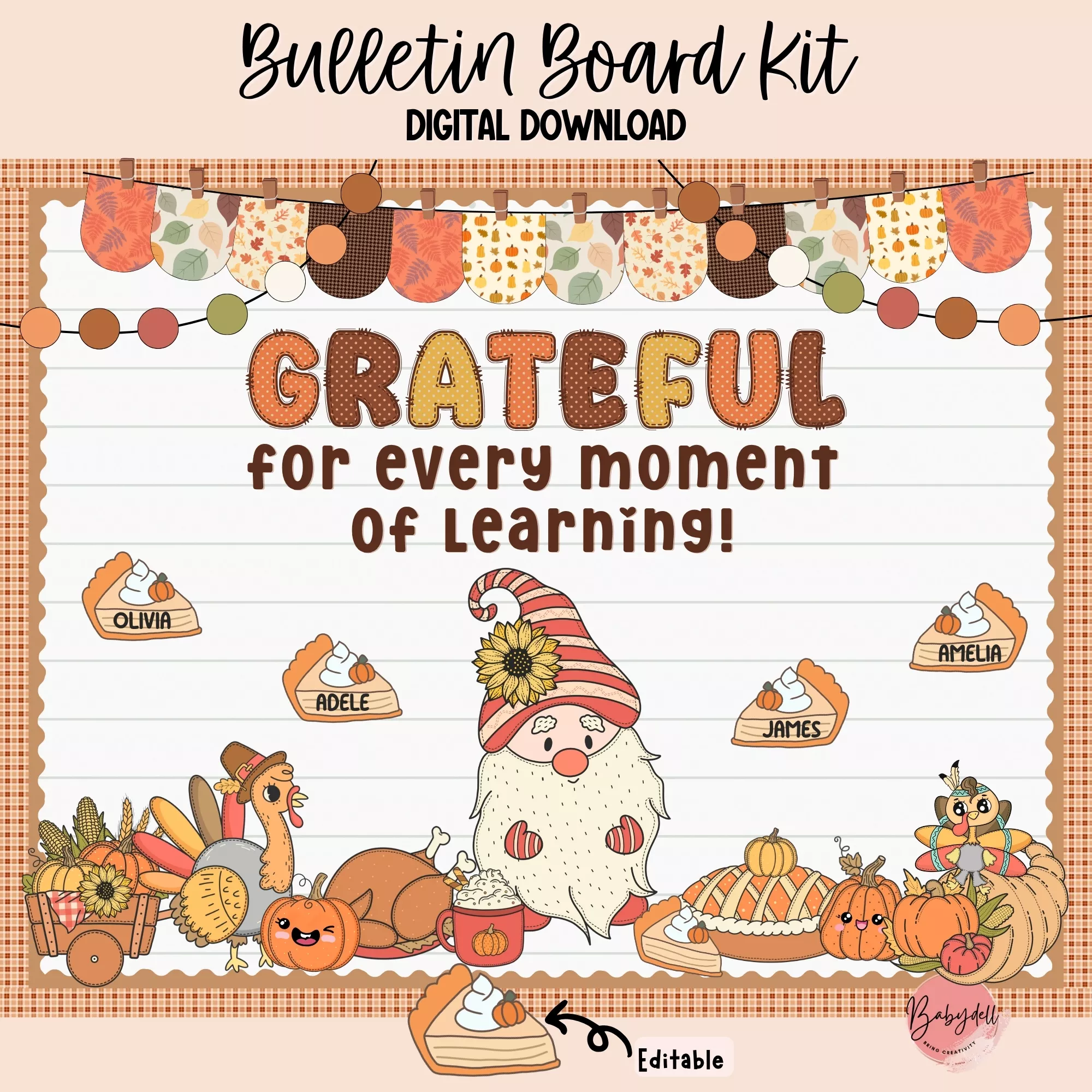 Colorful bulletin board kit featuring cheerful gnomes with Thanksgiving themes.