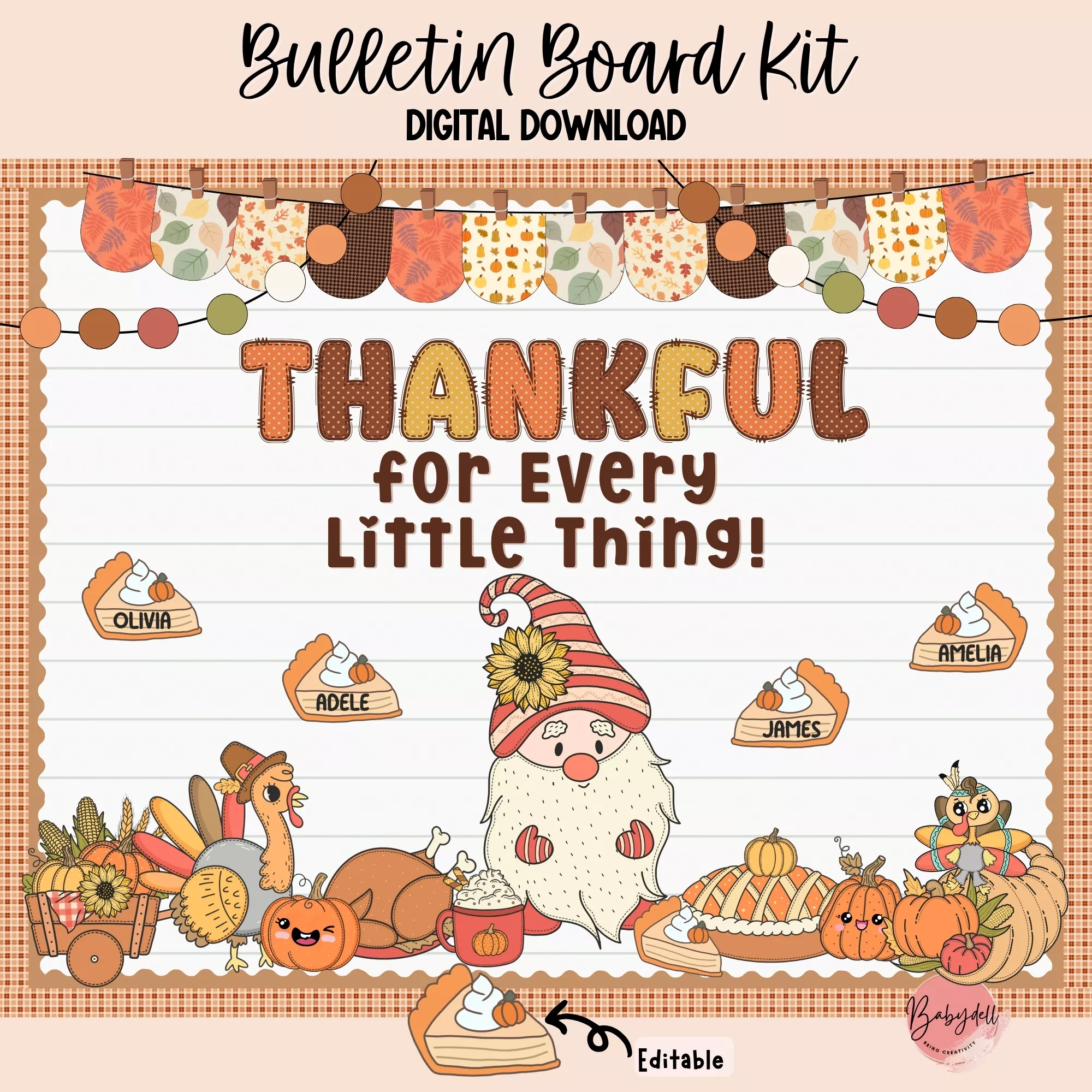 Colorful gnome-themed Thanksgiving bulletin board kit for classroom decor.