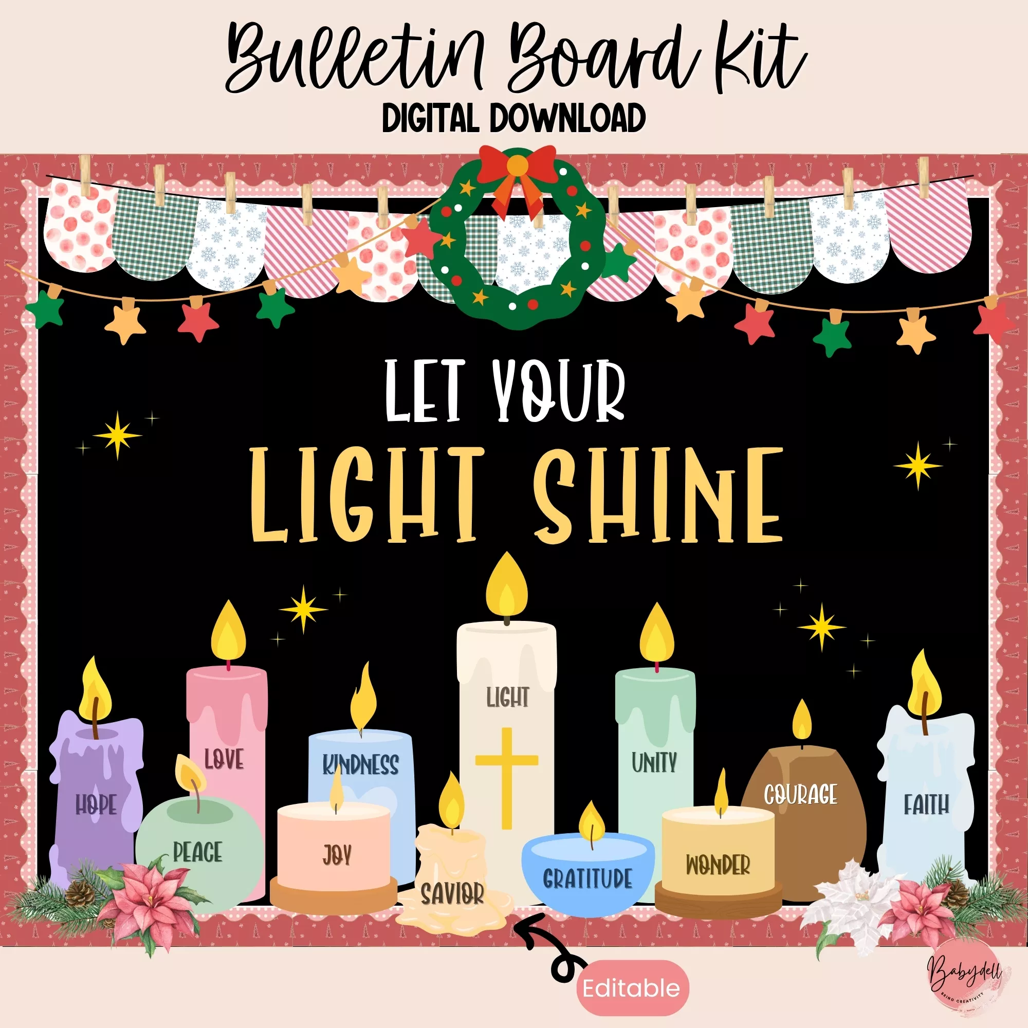 Colorful Advent Jesus Christmas bulletin board kit featuring candles and festive decorations.