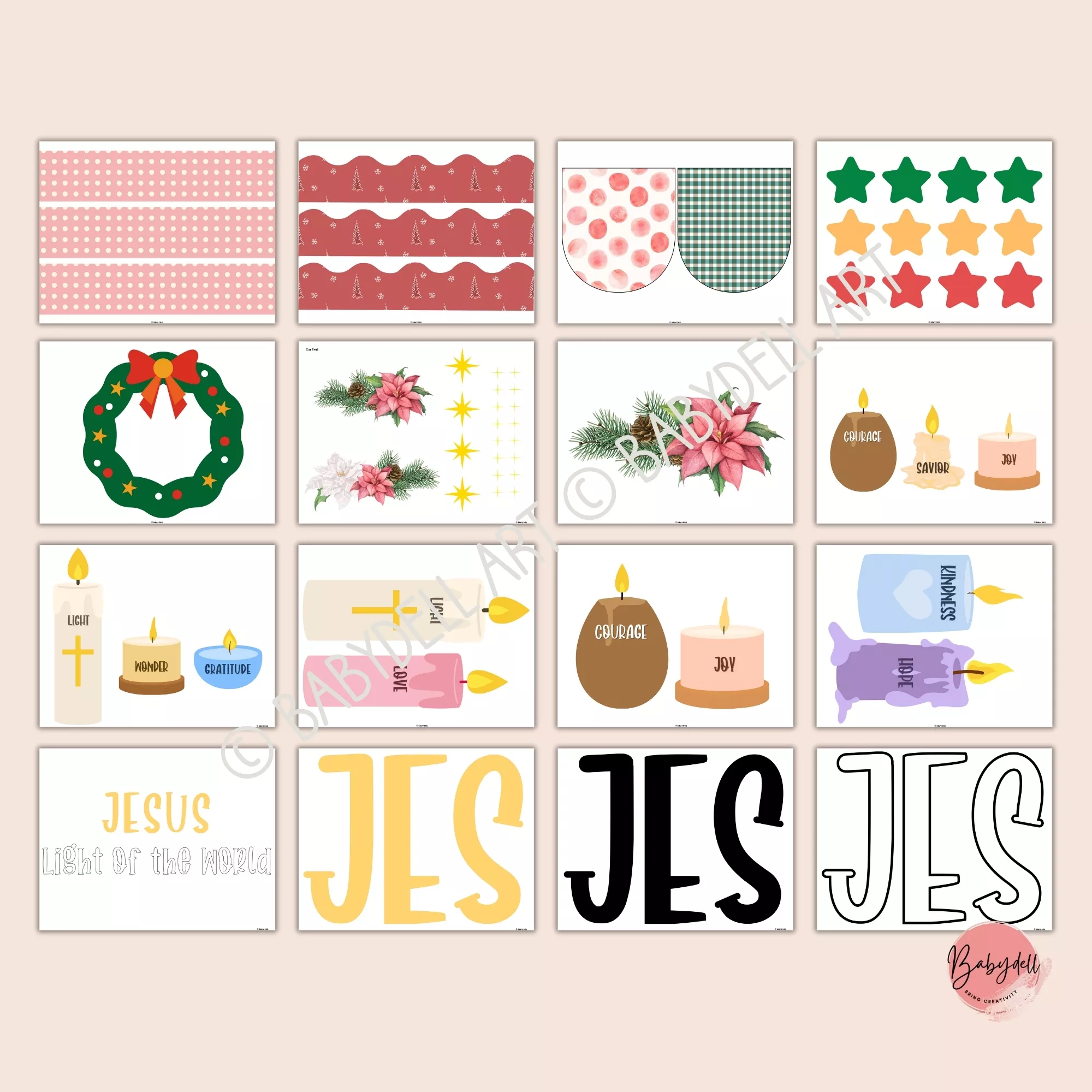 Colorful Advent Jesus bulletin board kit featuring candles and festive designs for Christmas.