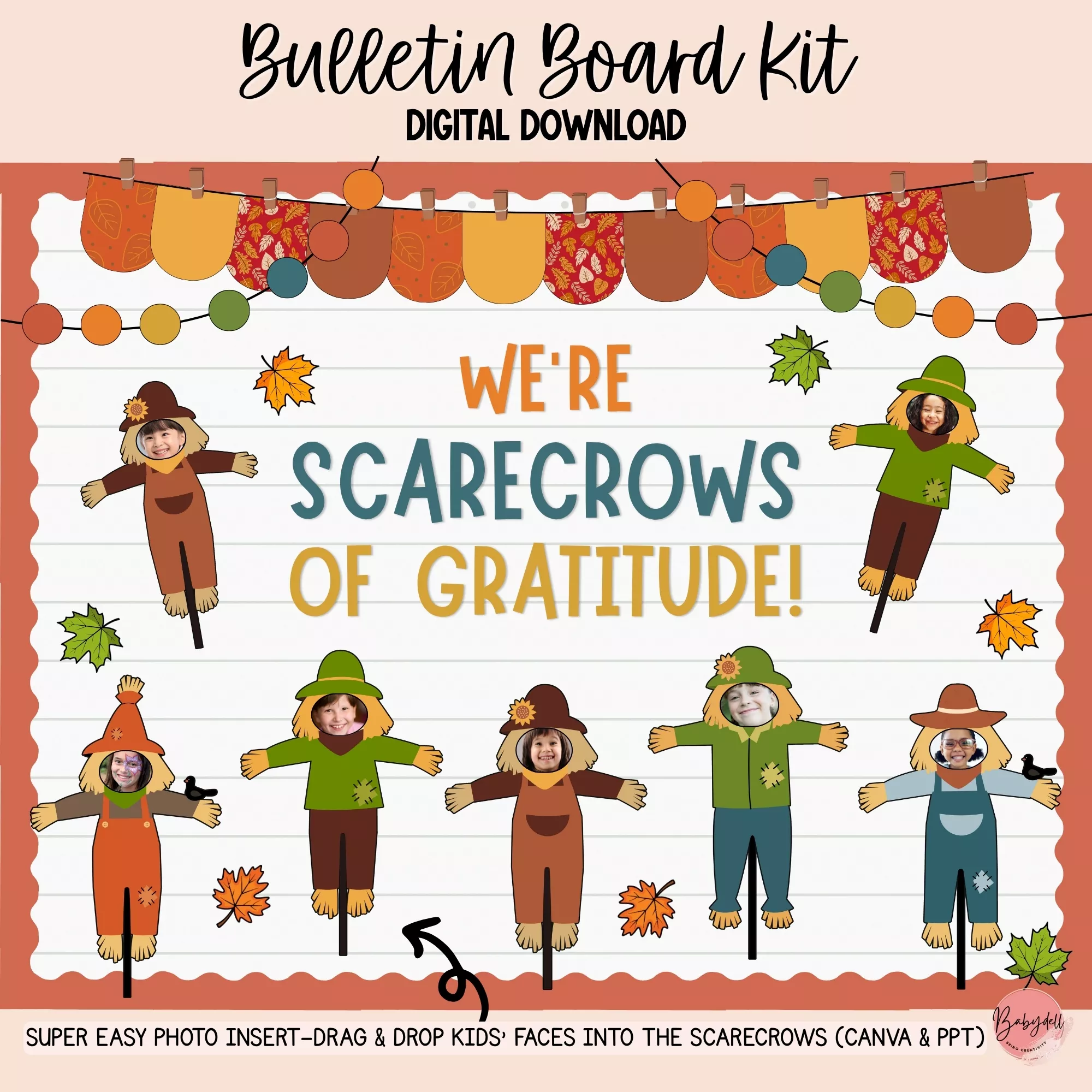 "Editable scarecrow-themed gratitude bulletin board kit for classrooms."