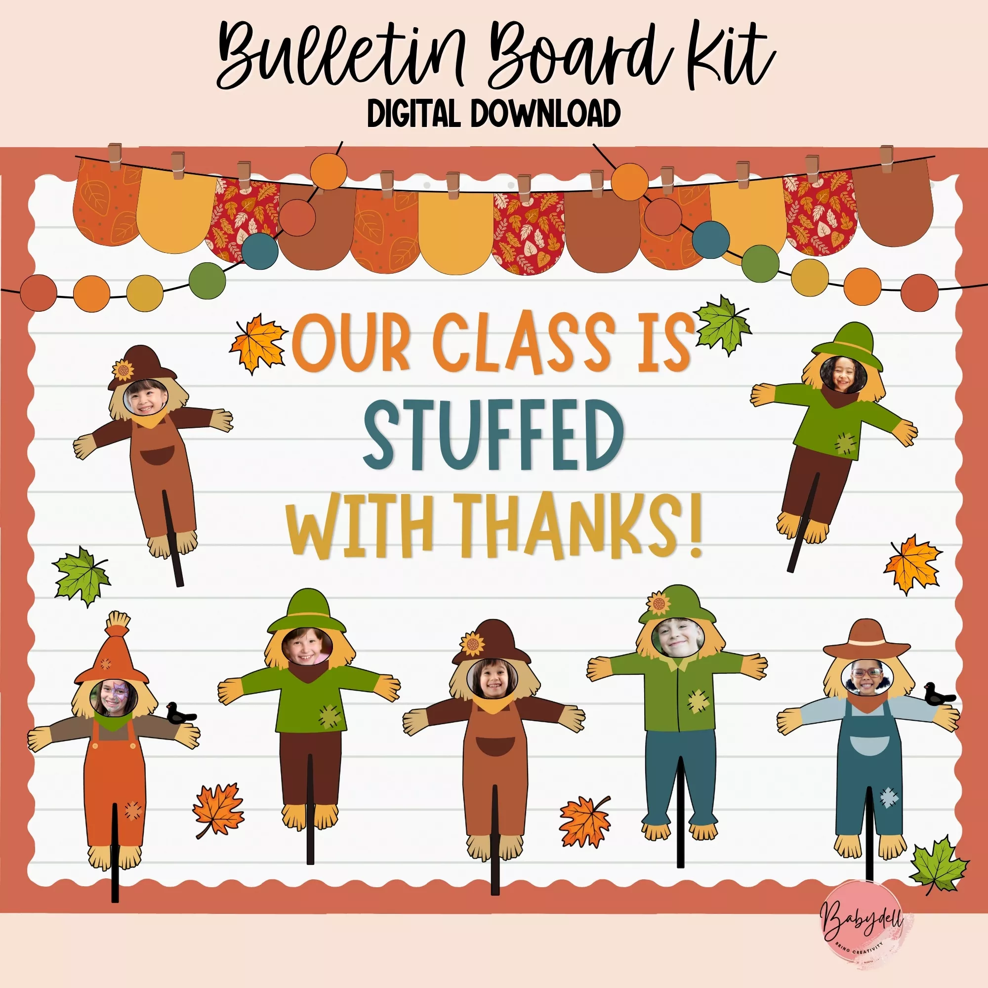Editable scarcrow bulletin board kit for classroom gratitude display in fall.