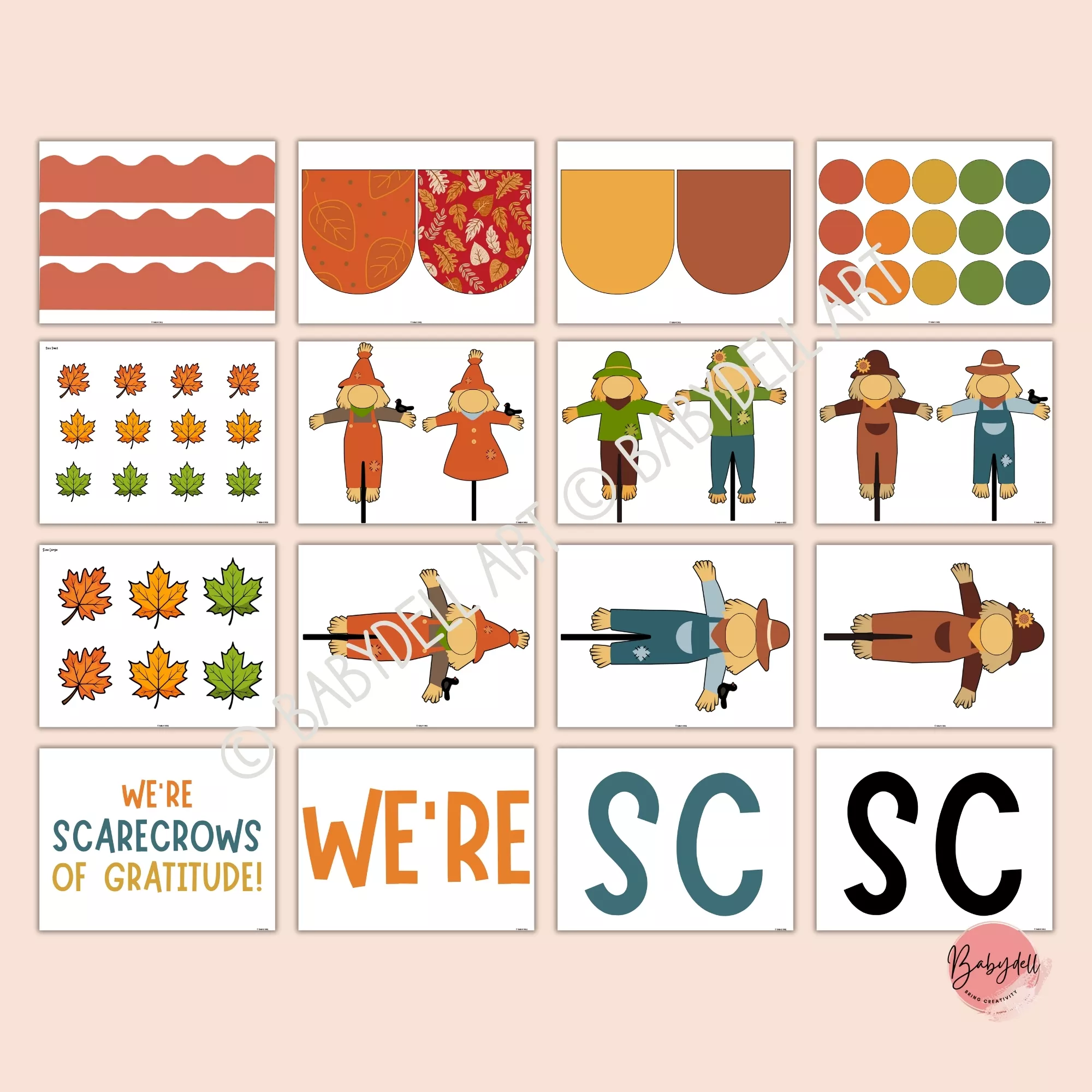 Editable scarecrow-themed bulletin board kit for fall classroom display.