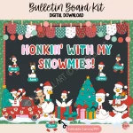 "Colorful Christmas bulletin board kit featuring gooses and snowmen, editable for classroom decor."
