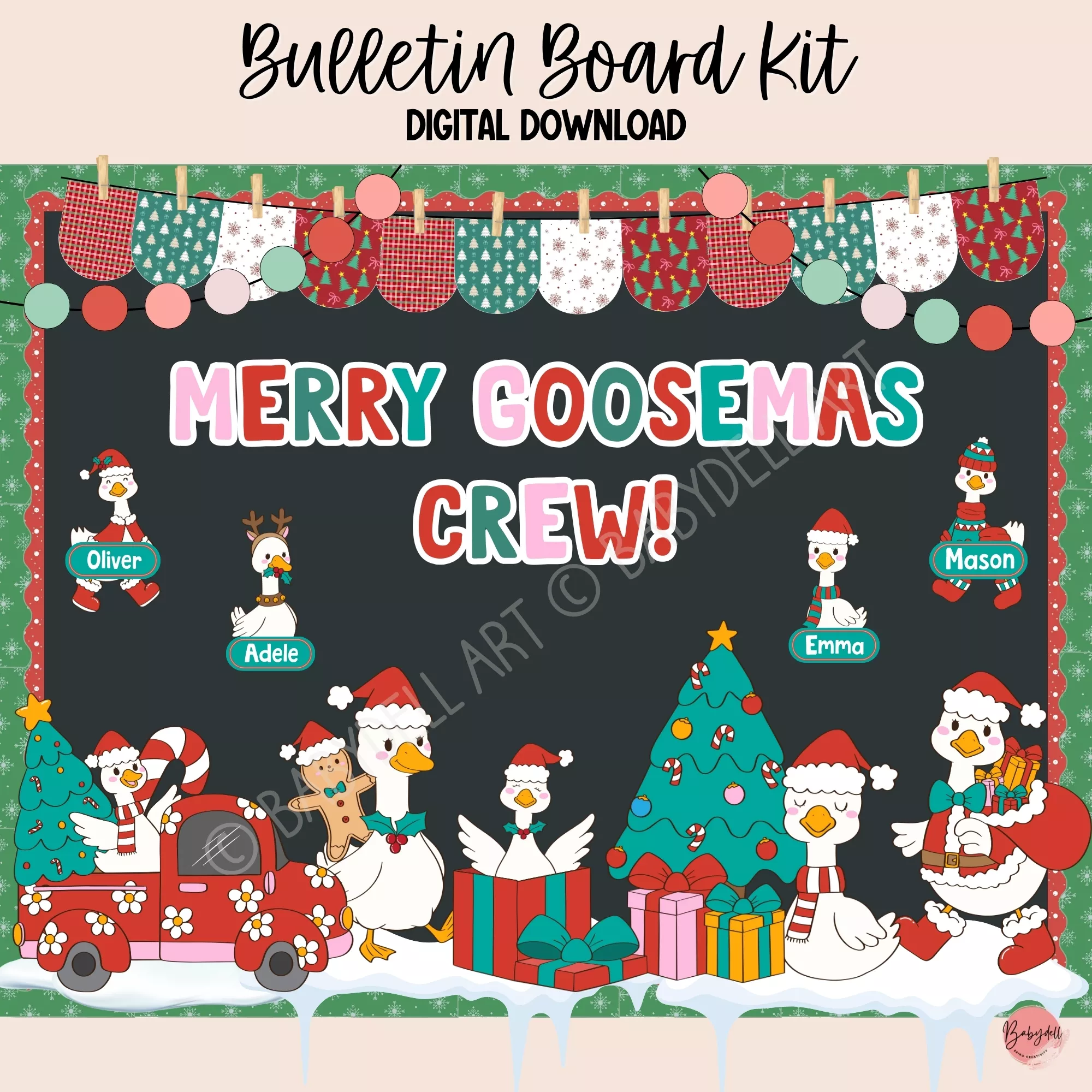 Editable classroom decor featuring a festive goose design for Christmas bulletin boards.