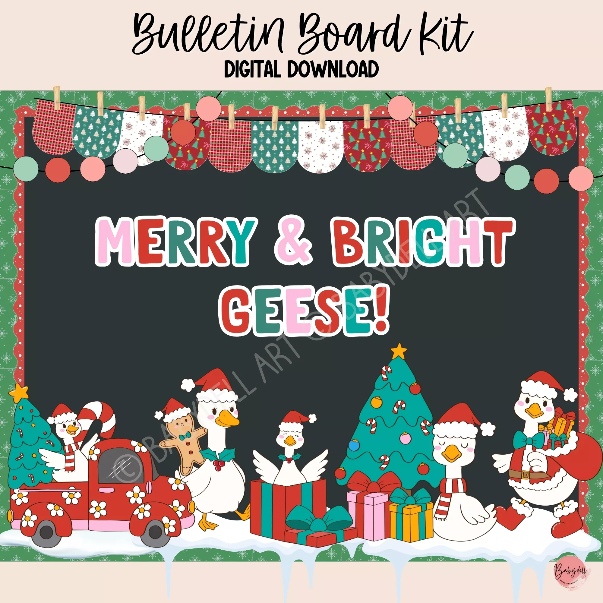 Editable Christmas bulletin board kit featuring geese and snowmen decorations.