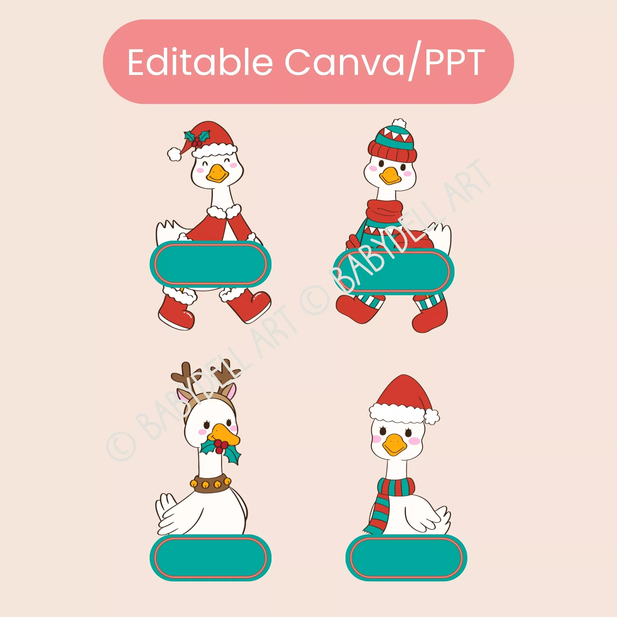 Editable Christmas bulletin board kit featuring cartoon geese and snowmen for classroom decor.