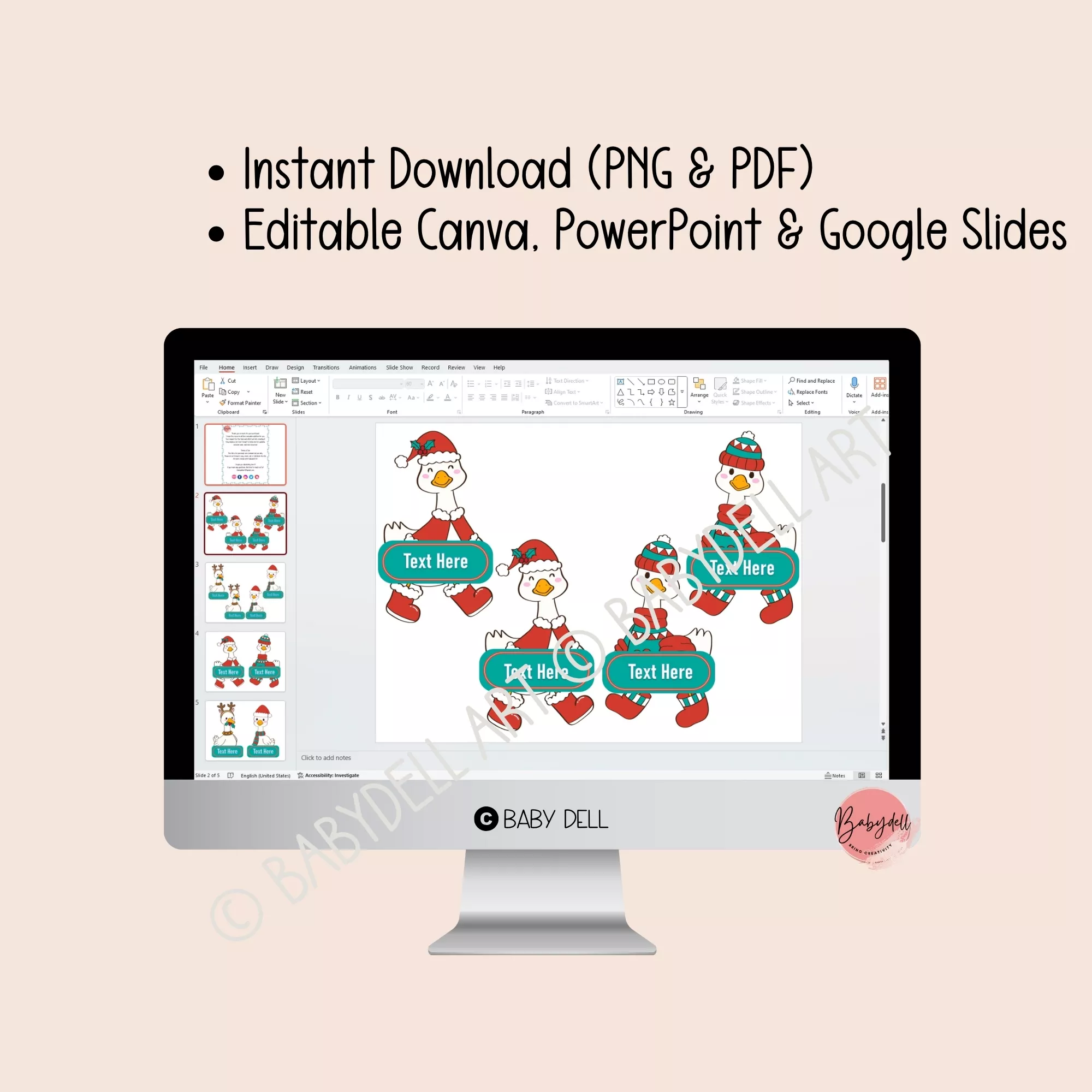 Editable Christmas bulletin board kit featuring cartoon geese with snowmen decorations.
