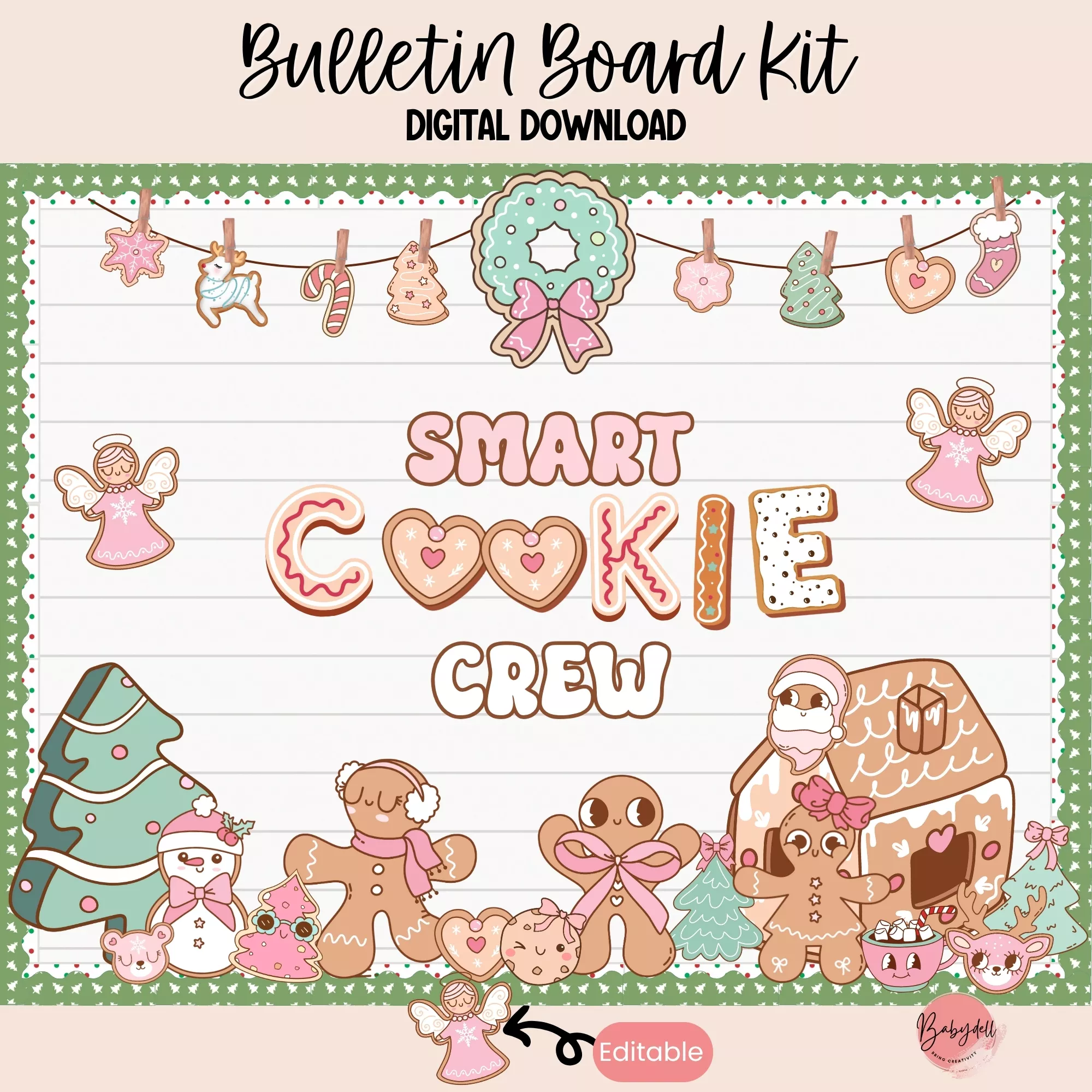 Colorful gingerbread-themed bulletin board kit for classrooms featuring cookie characters.
