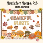 Colorful fall-themed bulletin board kit featuring hearts and Thanksgiving elements for classroom decor.
