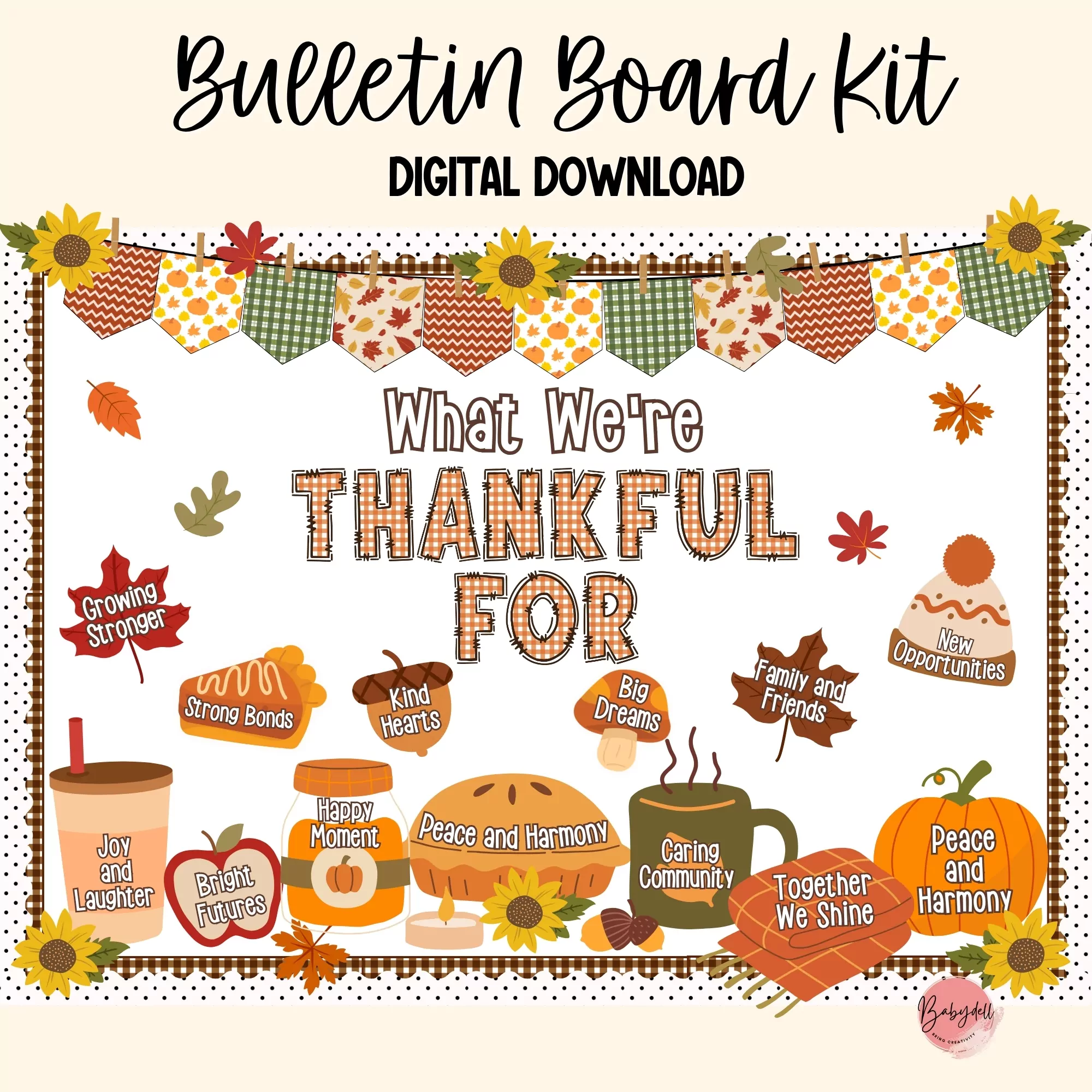 Colorful Thanksgiving bulletin board kit featuring hearts and autumn leaves for classroom decor.
