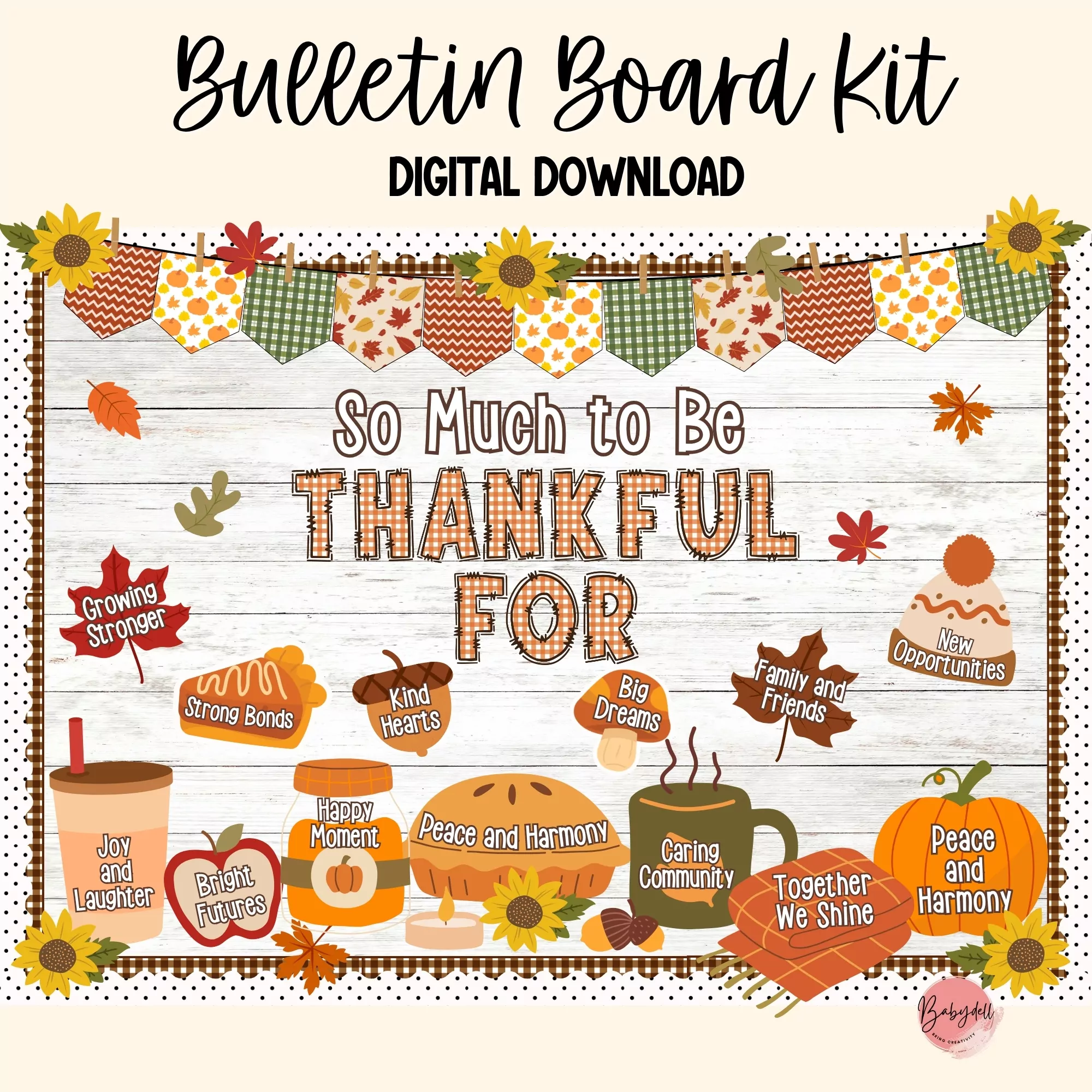 Colorful Thanksgiving-themed bulletin board kit featuring hearts and autumn leaves.