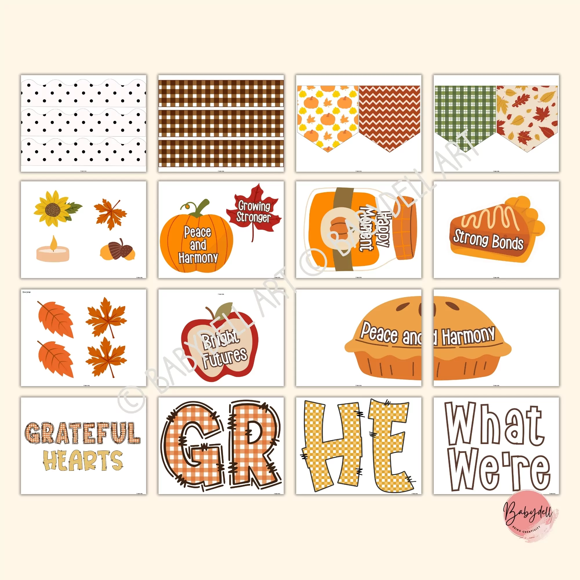 Colorful Thanksgiving bulletin board kit featuring hearts and autumn leaves for classroom decor.