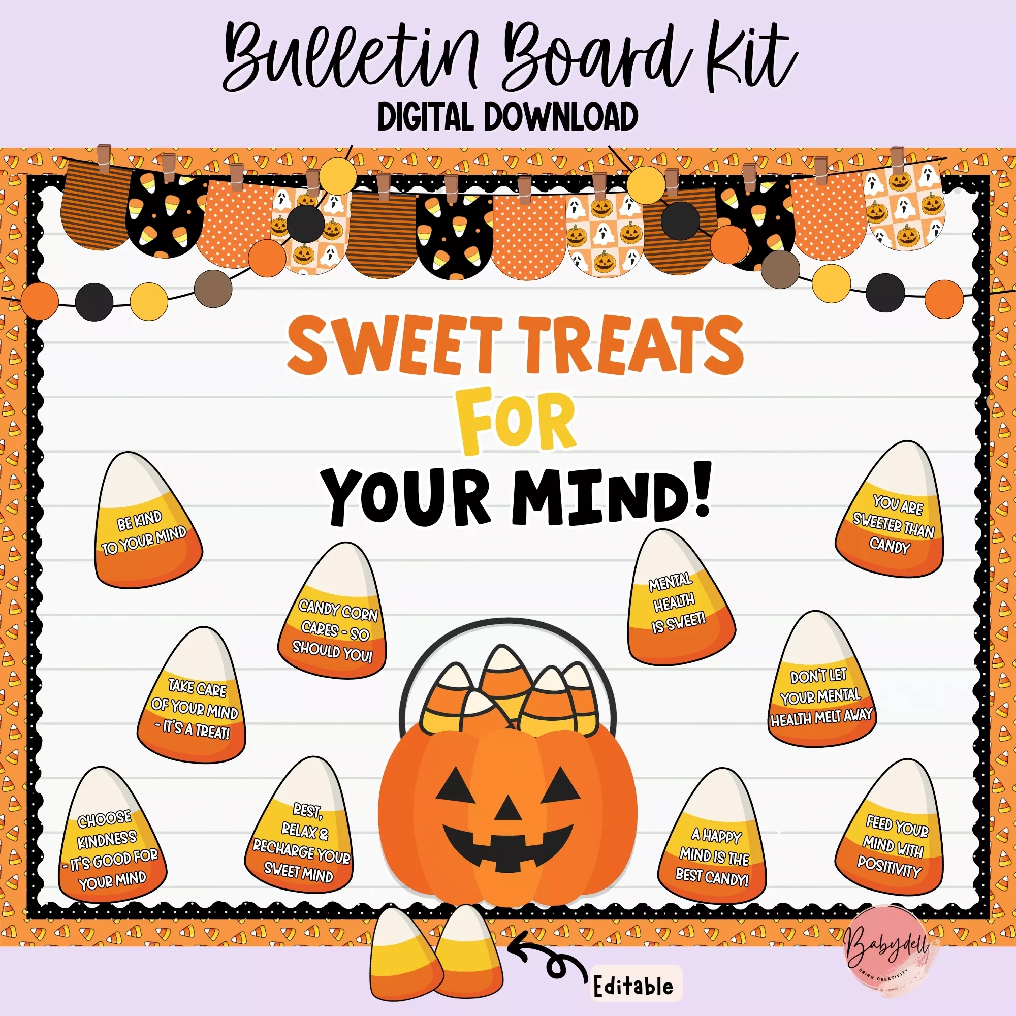 A vibrant Halloween-themed bulletin board kit featuring mental health messages and decorations for classrooms.