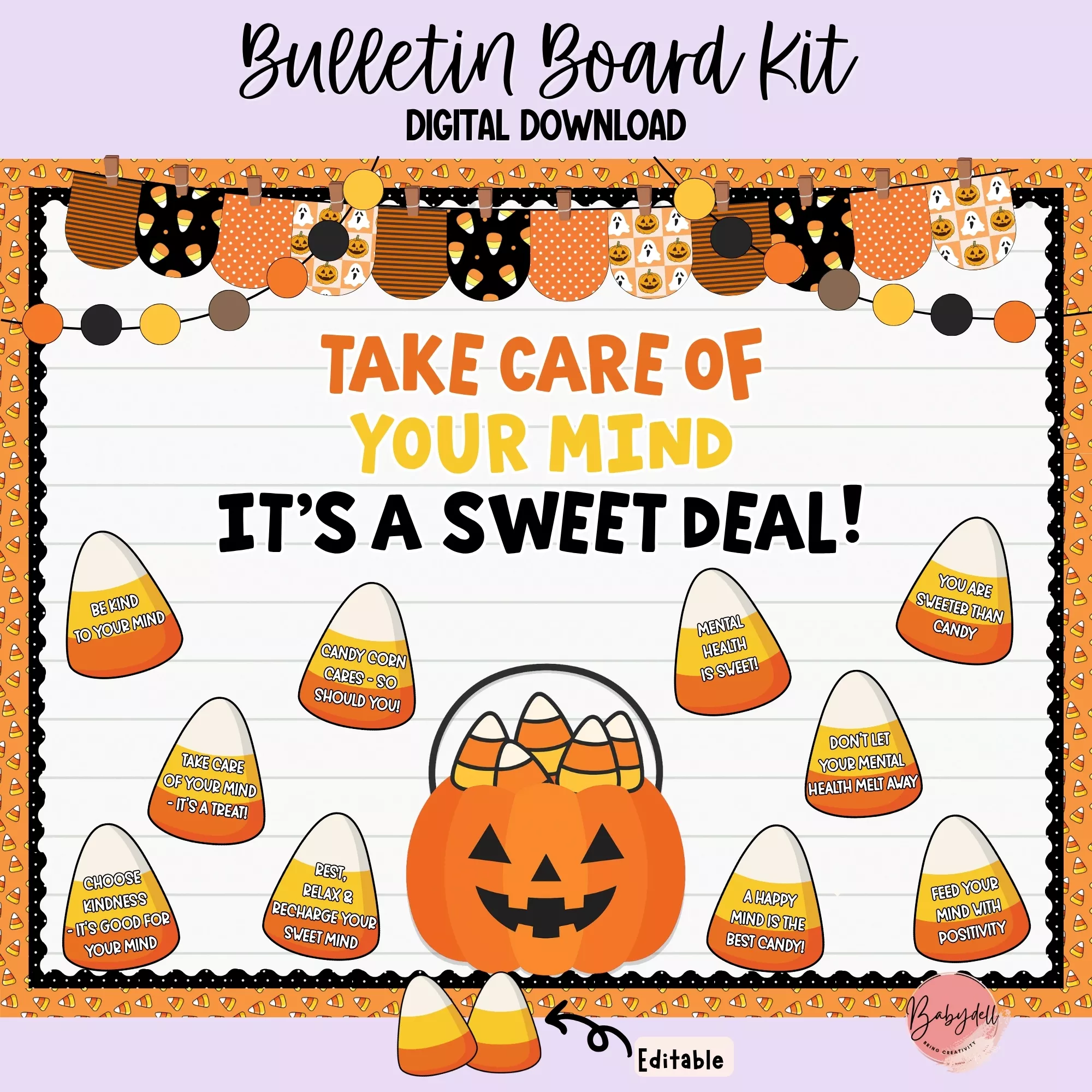 Colorful bulletin board kit featuring Halloween-themed mental health messages and decorations for classrooms.