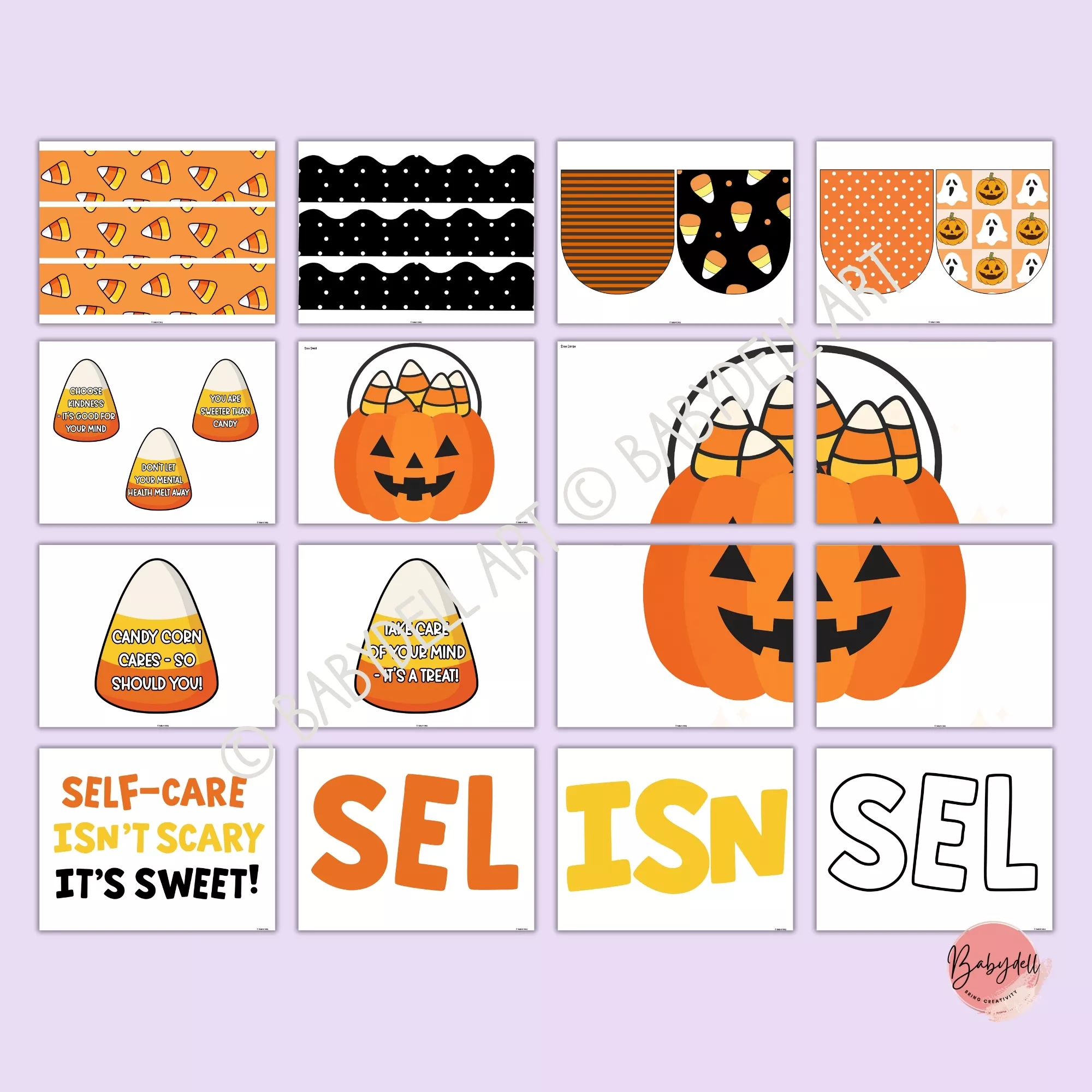 Colorful Halloween-themed bulletin board kit focusing on mental health for classroom decor.