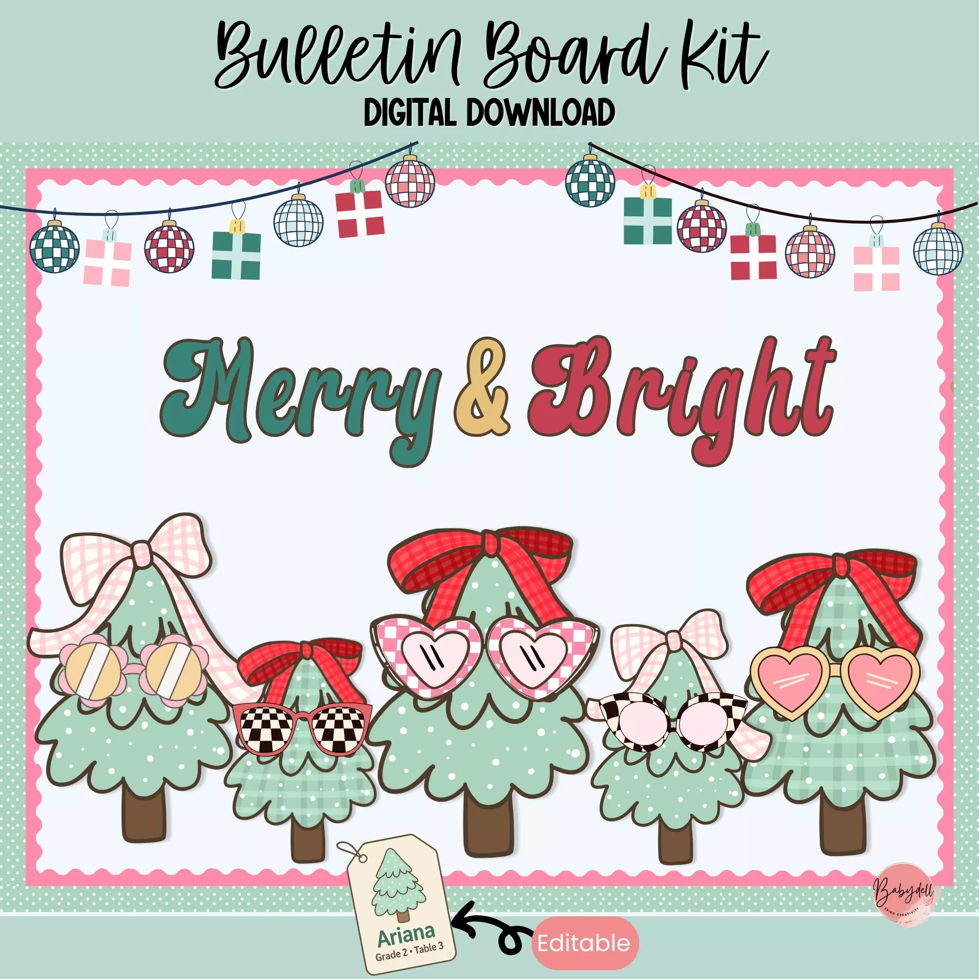 Merry & Bright Christmas Tree Bulletin Board Kit | Editable Classroom Decor