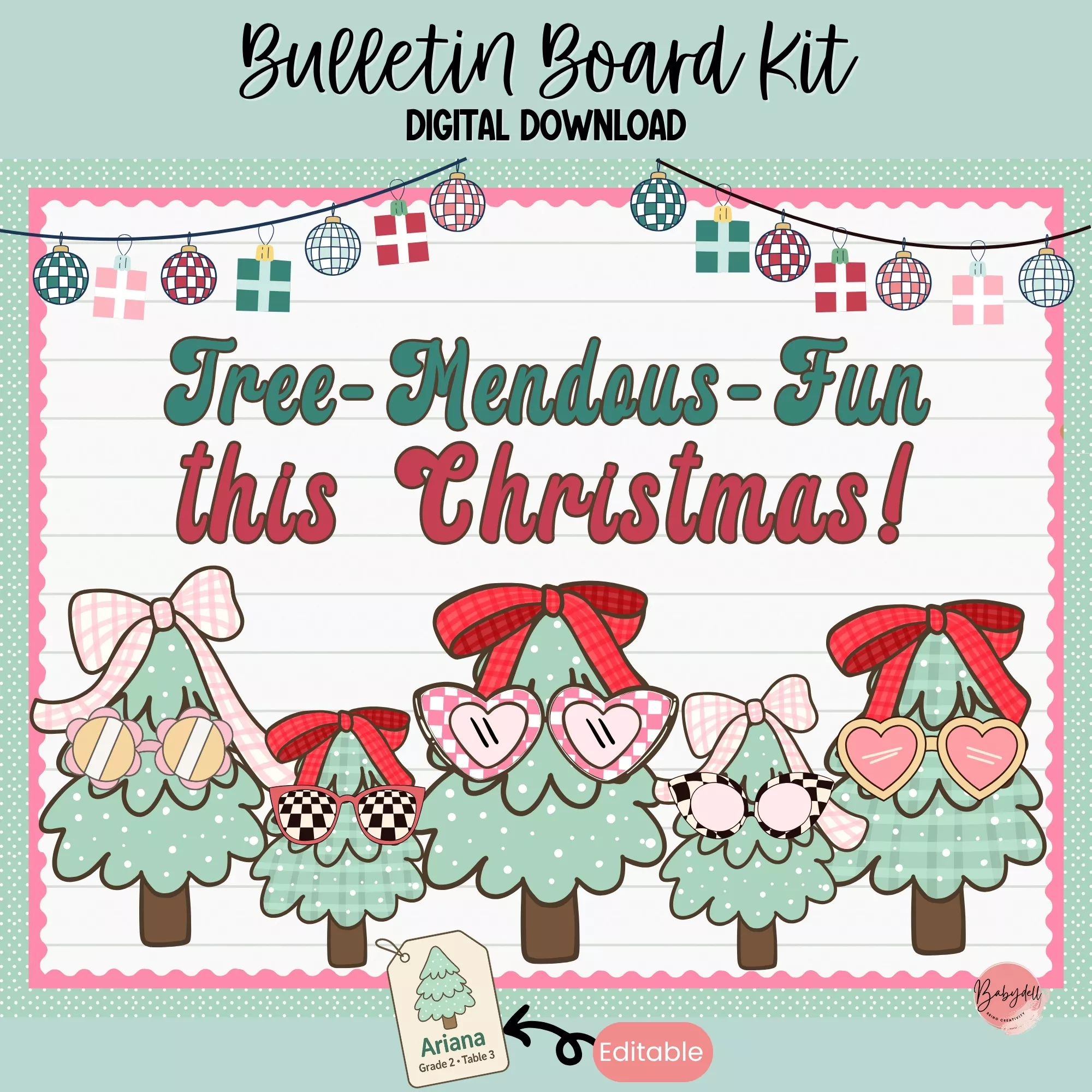 Editable Merry & Bright Christmas Tree bulletin board kit for classrooms
