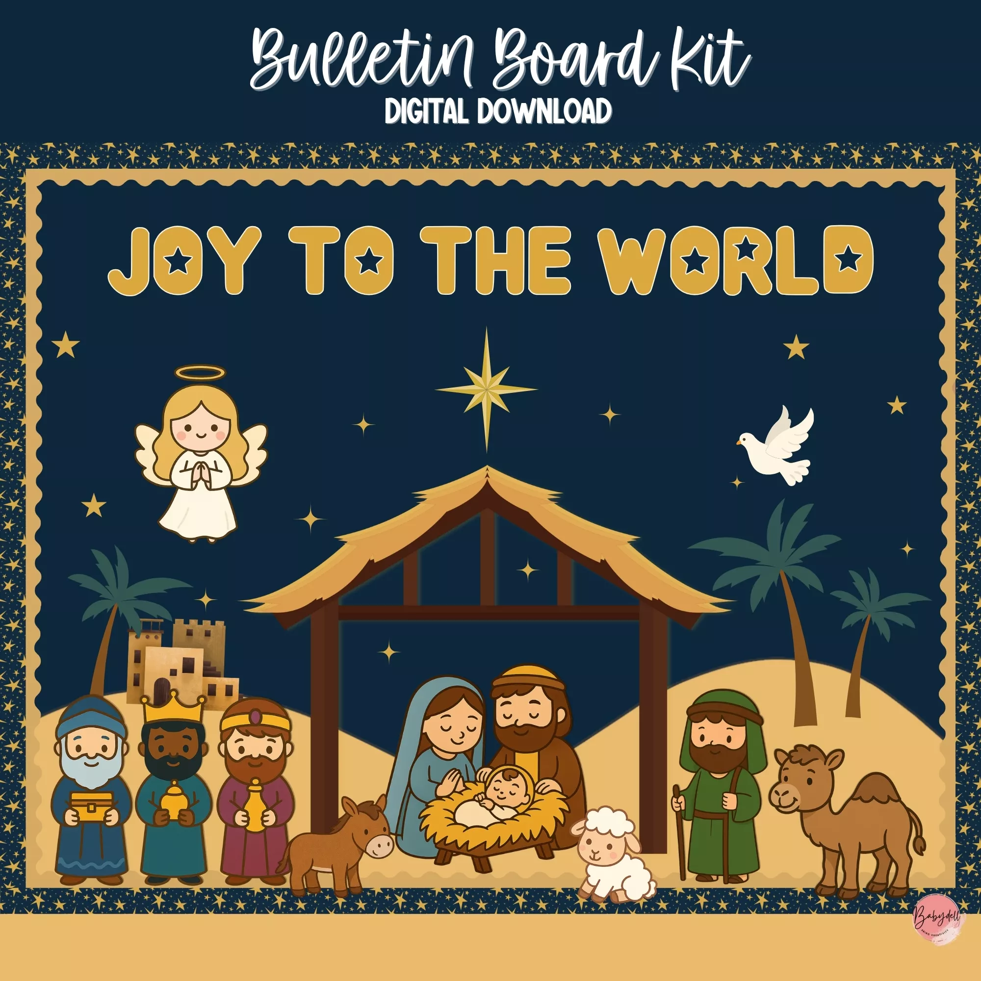 Colorful Nativity scene bulletin board kit featuring characters and decorations for classroom use.