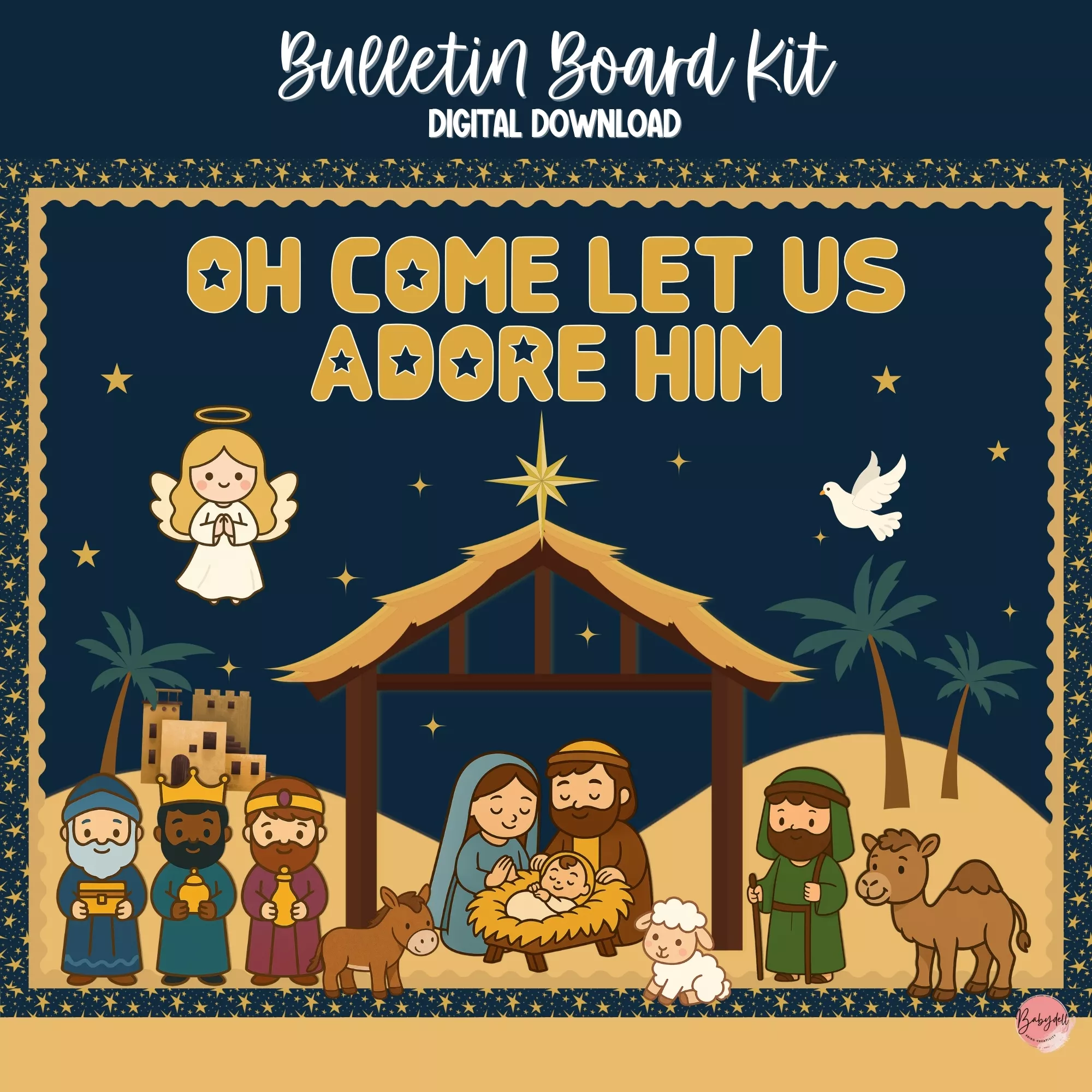 Bulletin board kit featuring a vibrant nativity scene for classroom decor.