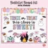 Colorful Halloween-themed bulletin board set with pastel decorations featuring ghosts, pumpkins, and candy.