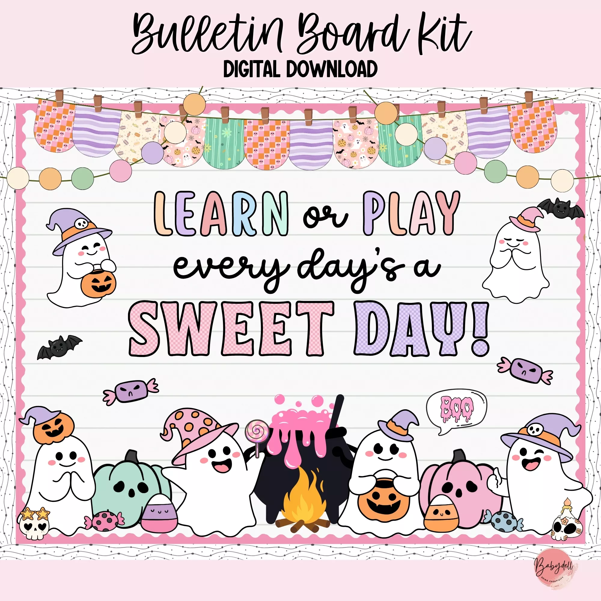 Colorful Halloween-themed bulletin board set featuring pastel designs and playful characters.