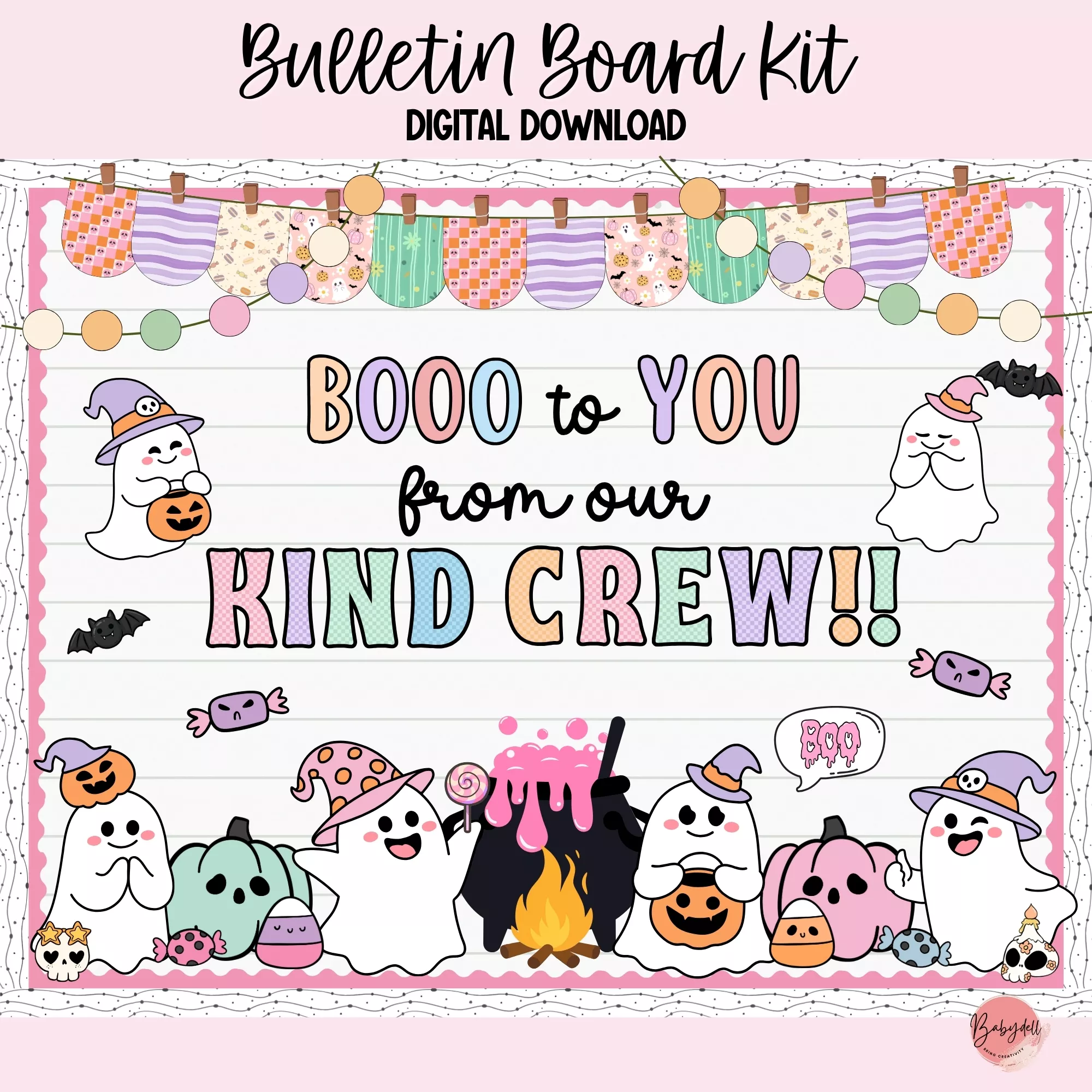 Colorful Halloween-themed bulletin board set featuring pastel decorations for classrooms.