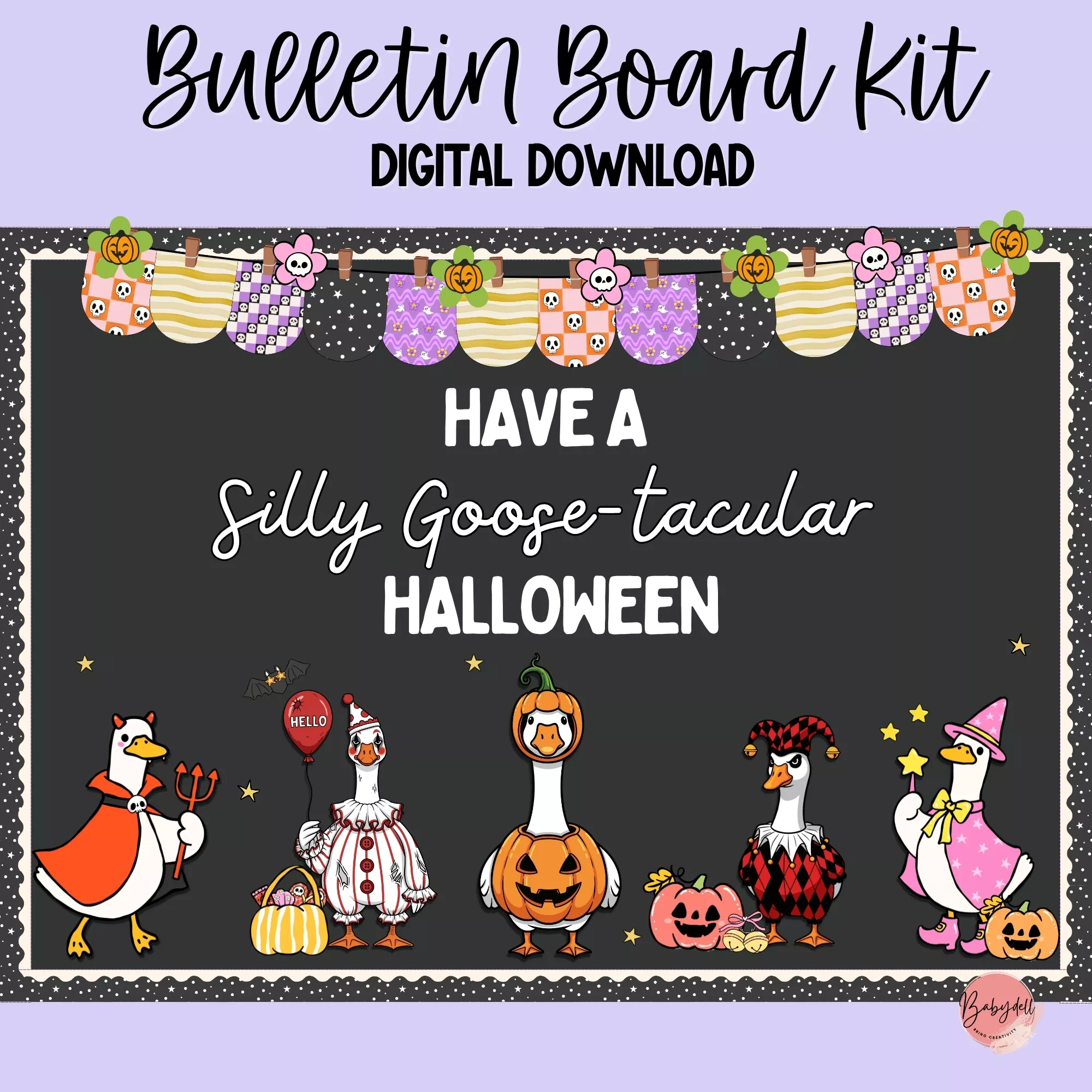 Halloween-themed bulletin board kit featuring vibrant decorations and spooky characters for classroom use.