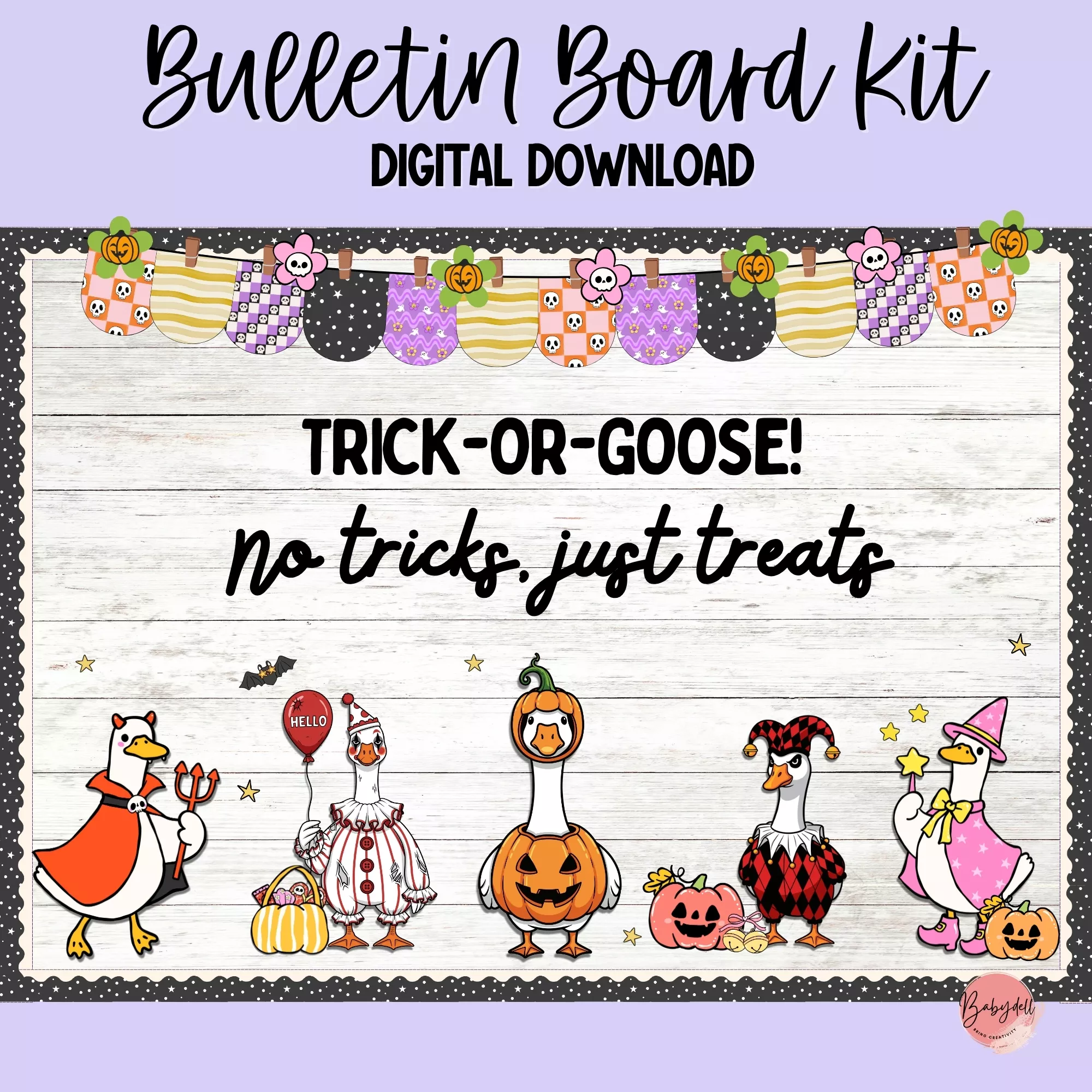 Colorful Halloween bulletin board kit featuring spooky characters and decorations for classroom use.