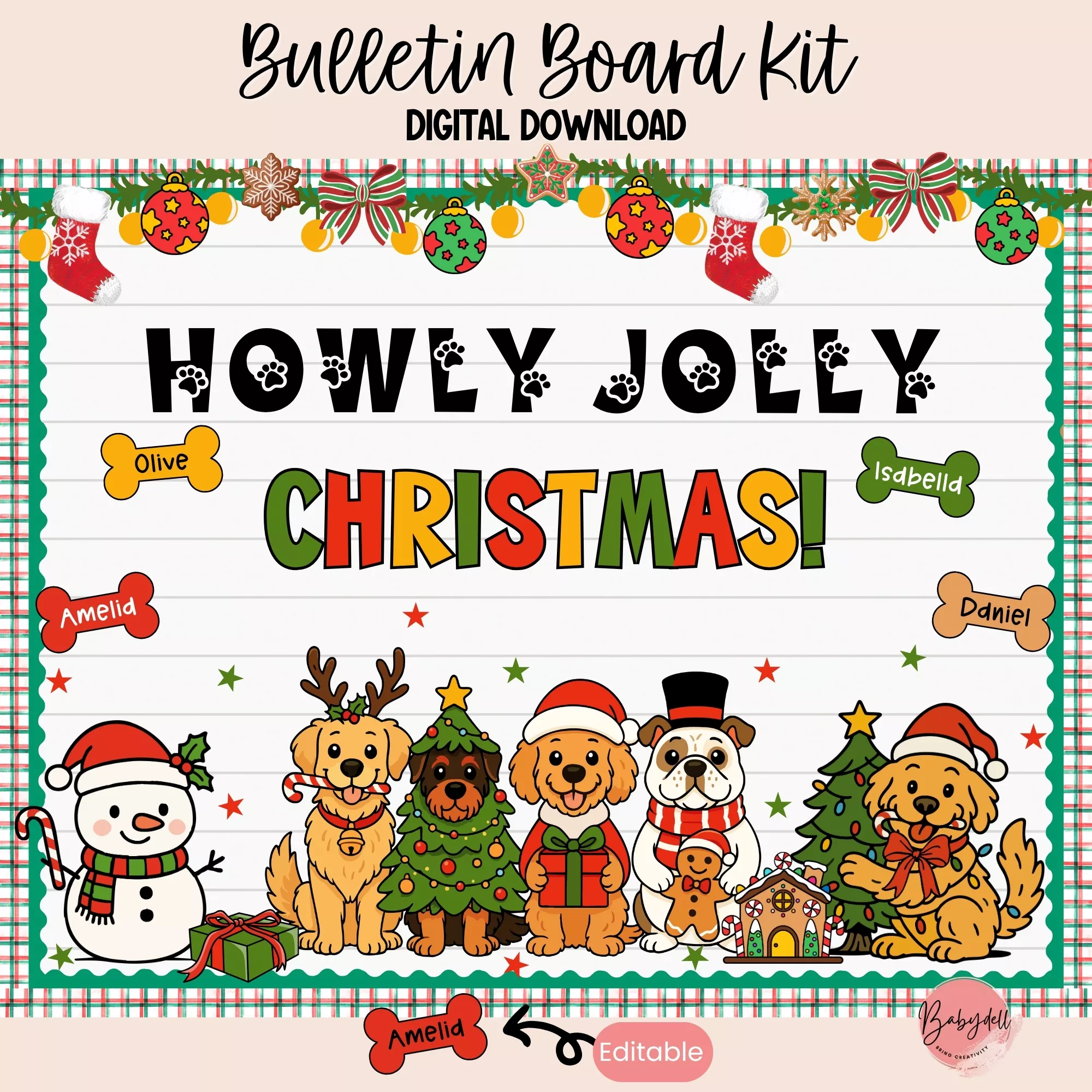 A festive bulletin board kit featuring cute dog illustrations and Christmas elements designed for classroom decor.