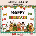 Festive bulletin board kit featuring cute dog-themed Christmas decorations for classrooms.