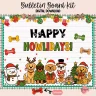 Festive bulletin board kit featuring cute dog-themed Christmas decorations for classrooms.