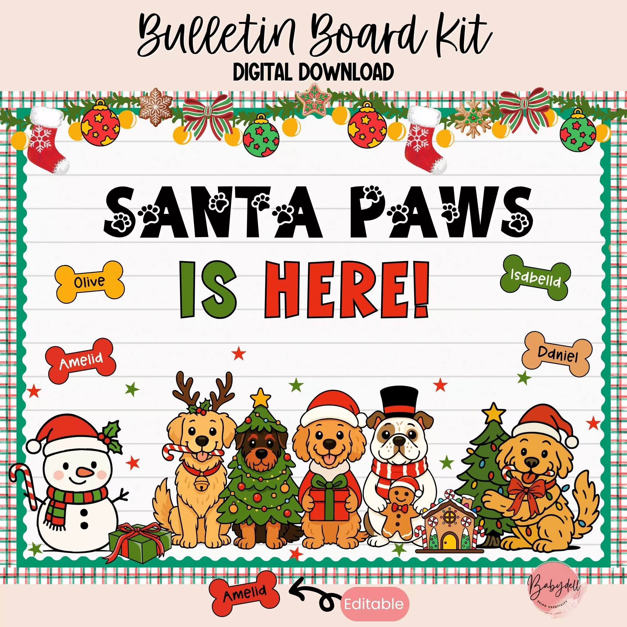 Colorful bulletin board kit featuring cute dog illustrations for Christmas.