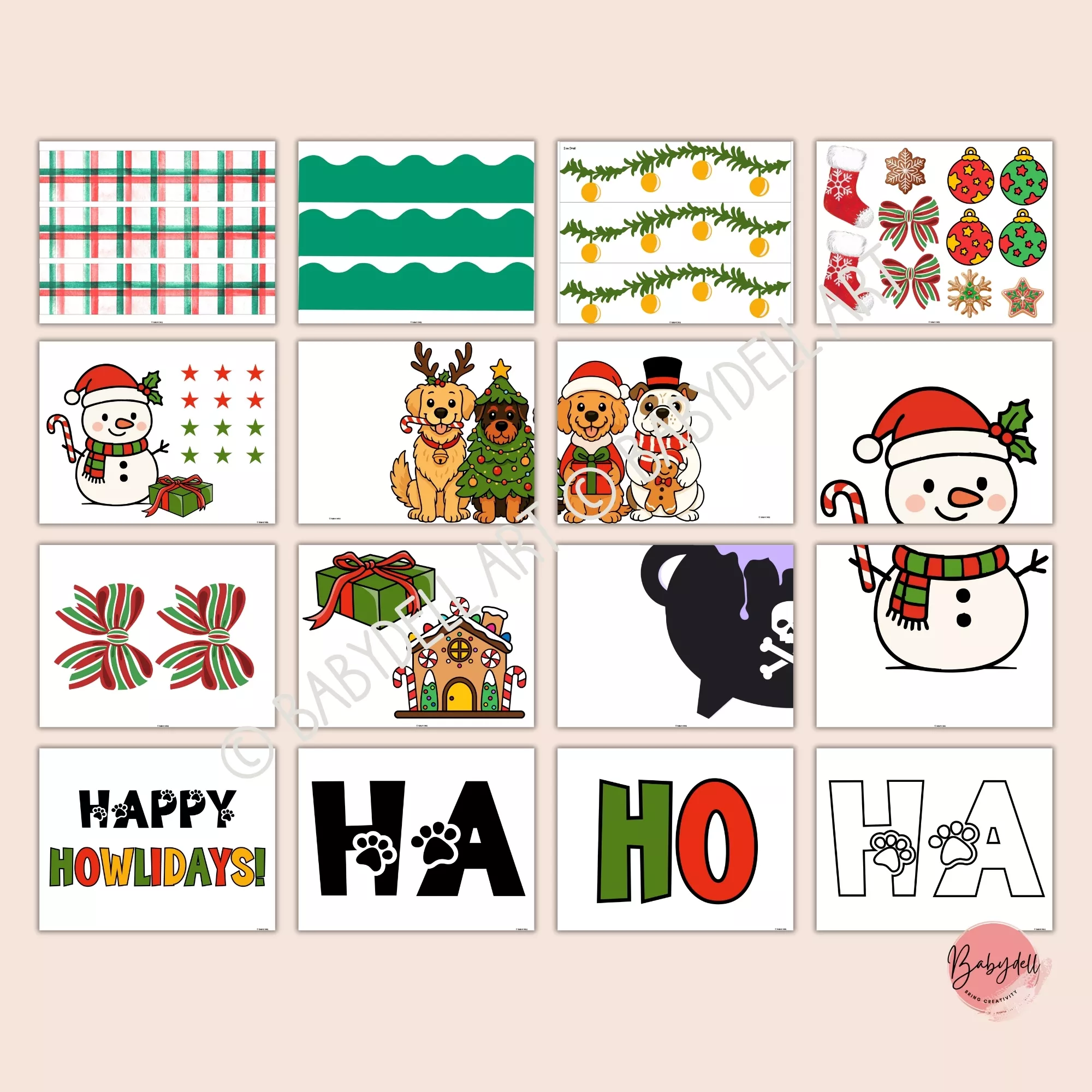Happy Howlidays Bulletin Board Kit featuring cute dog illustrations for Christmas decoration.