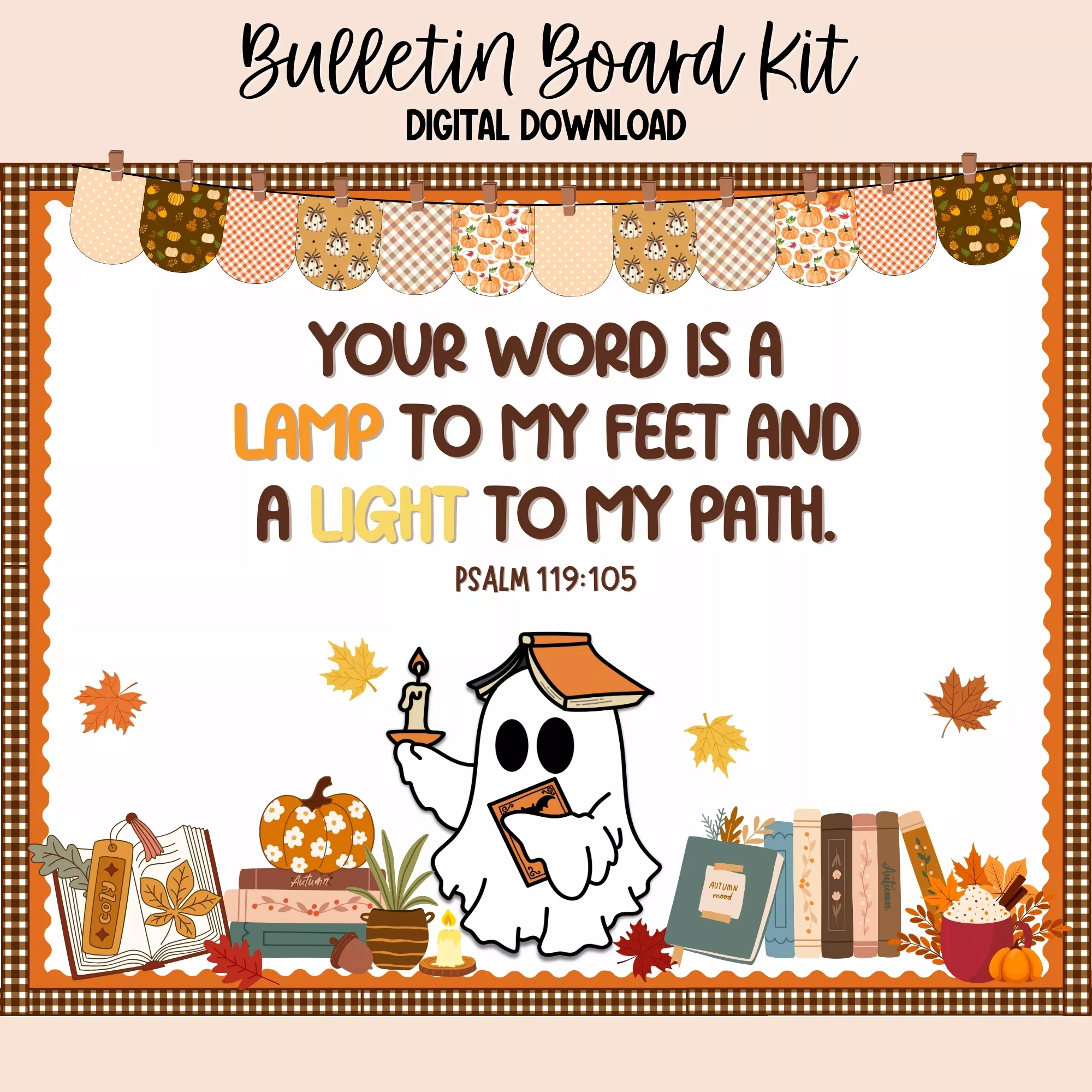 Fall-themed bulletin board kit featuring books and autumn leaves for a classroom reading space.