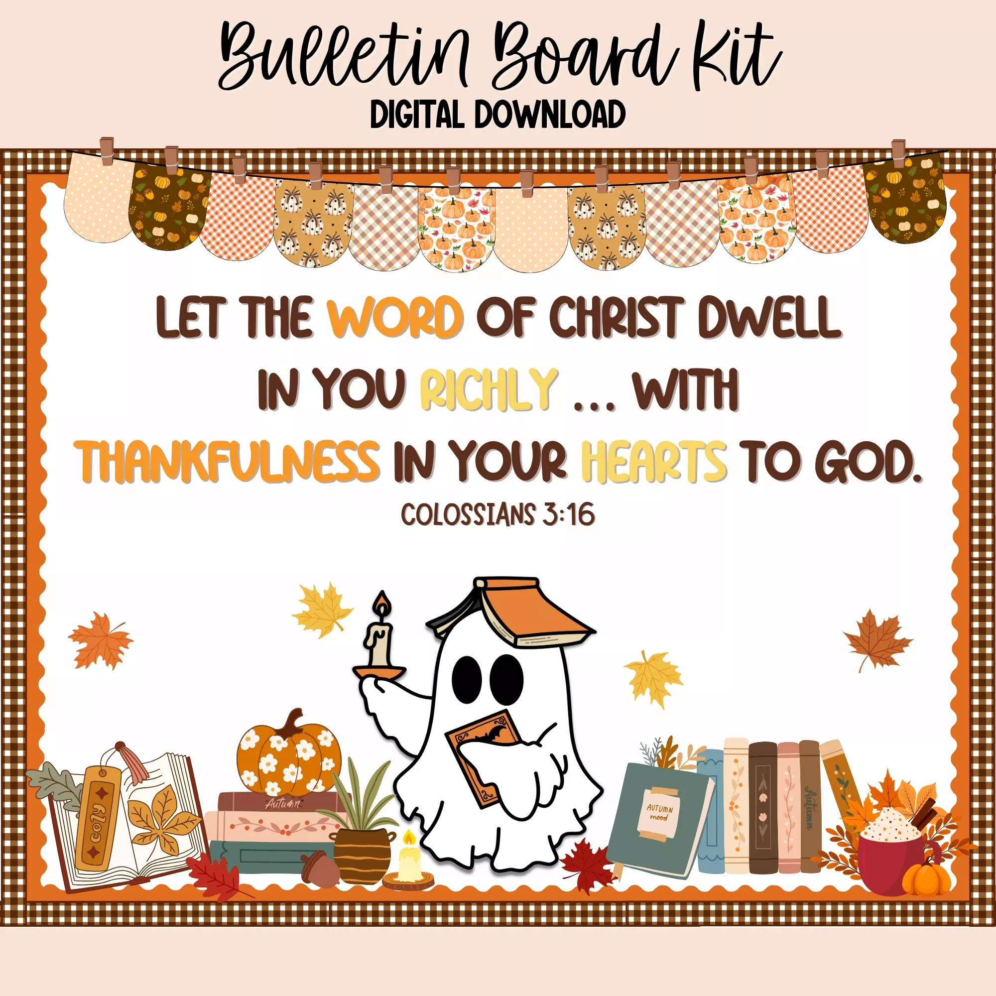 Colorful bulletin board kit featuring autumn-themed designs for a cozy classroom reading nook.