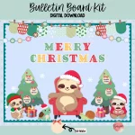 Colorful Christmas sloth bulletin board kit featuring festive decorations and mindful prompts.
