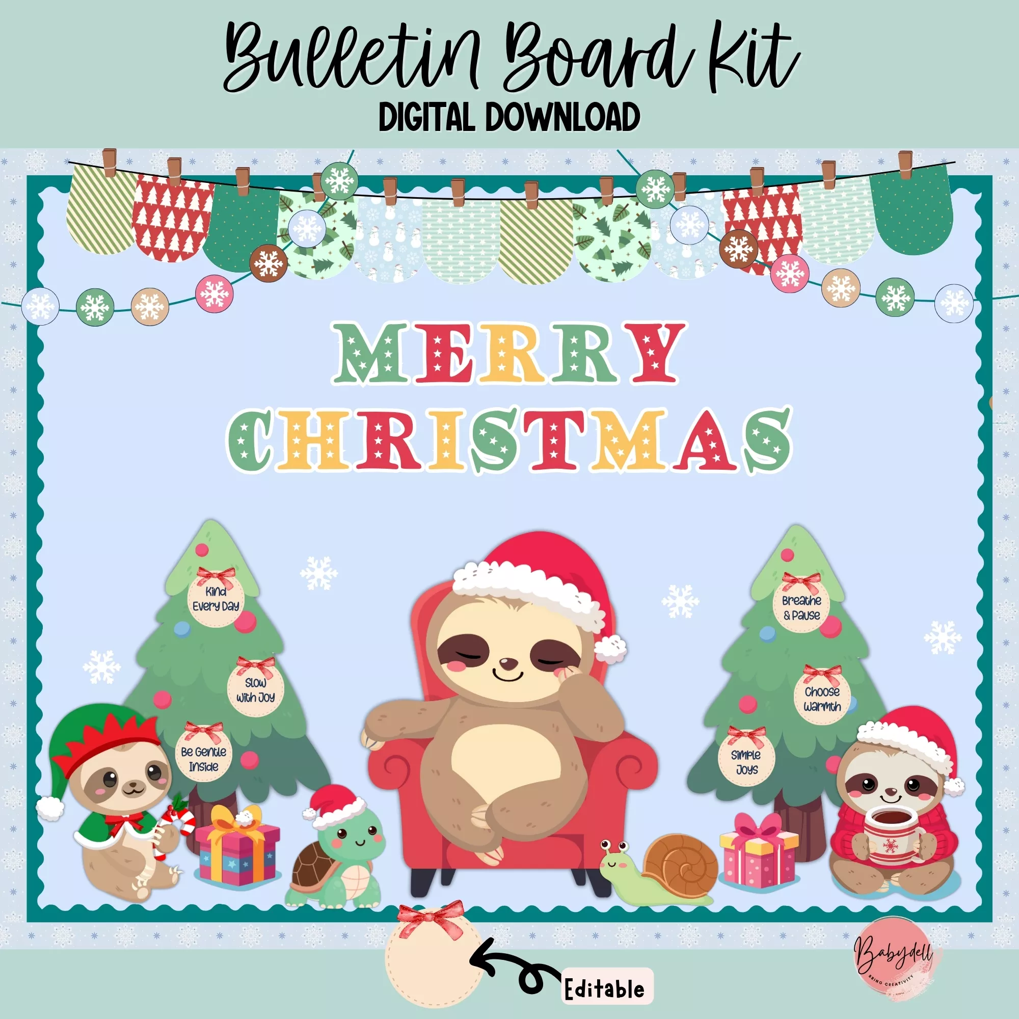 Merry Christmas Sloth Bulletin Board Kit | Editable Classroom Decor