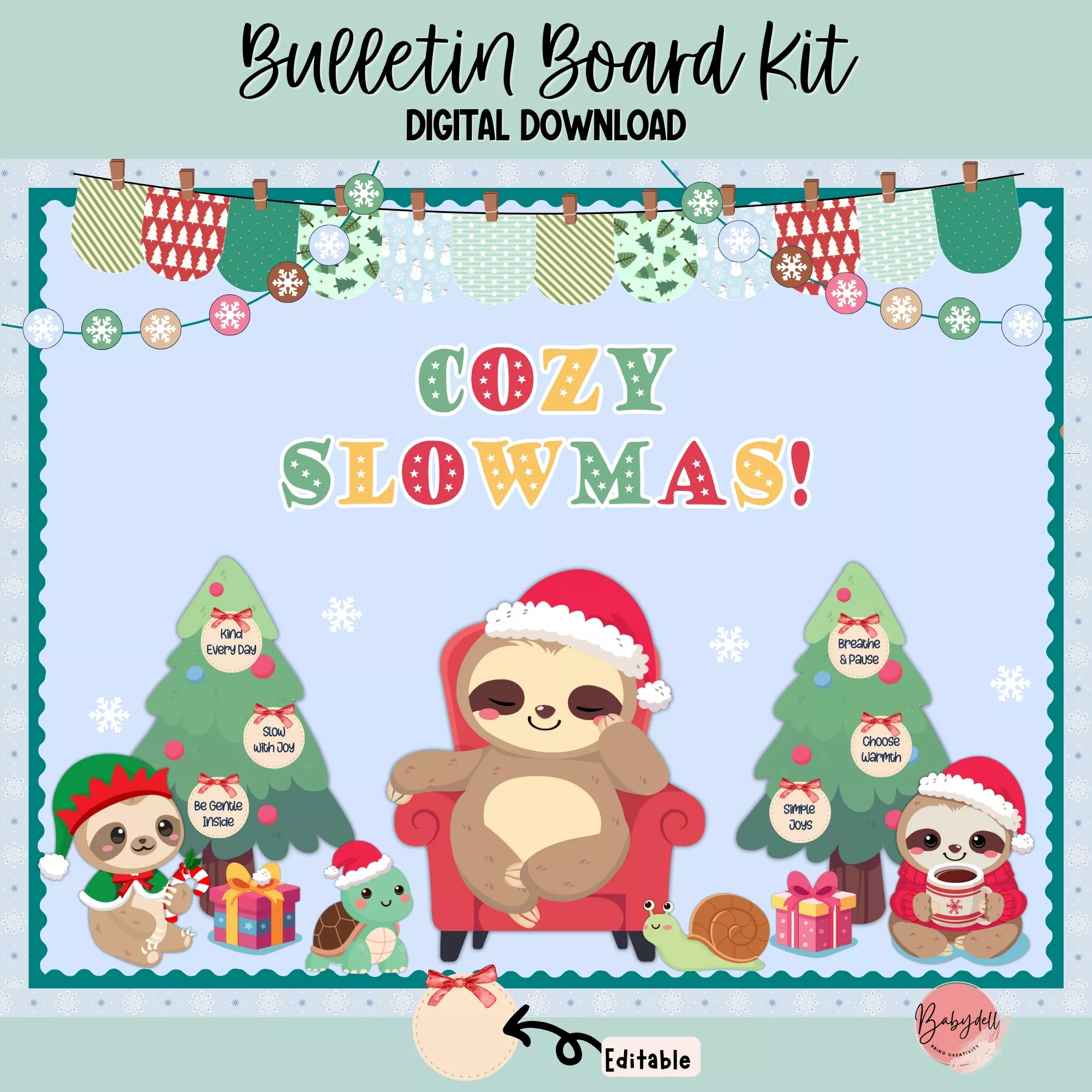 Colorful sloth-themed Christmas bulletin board kit with editable prompts.