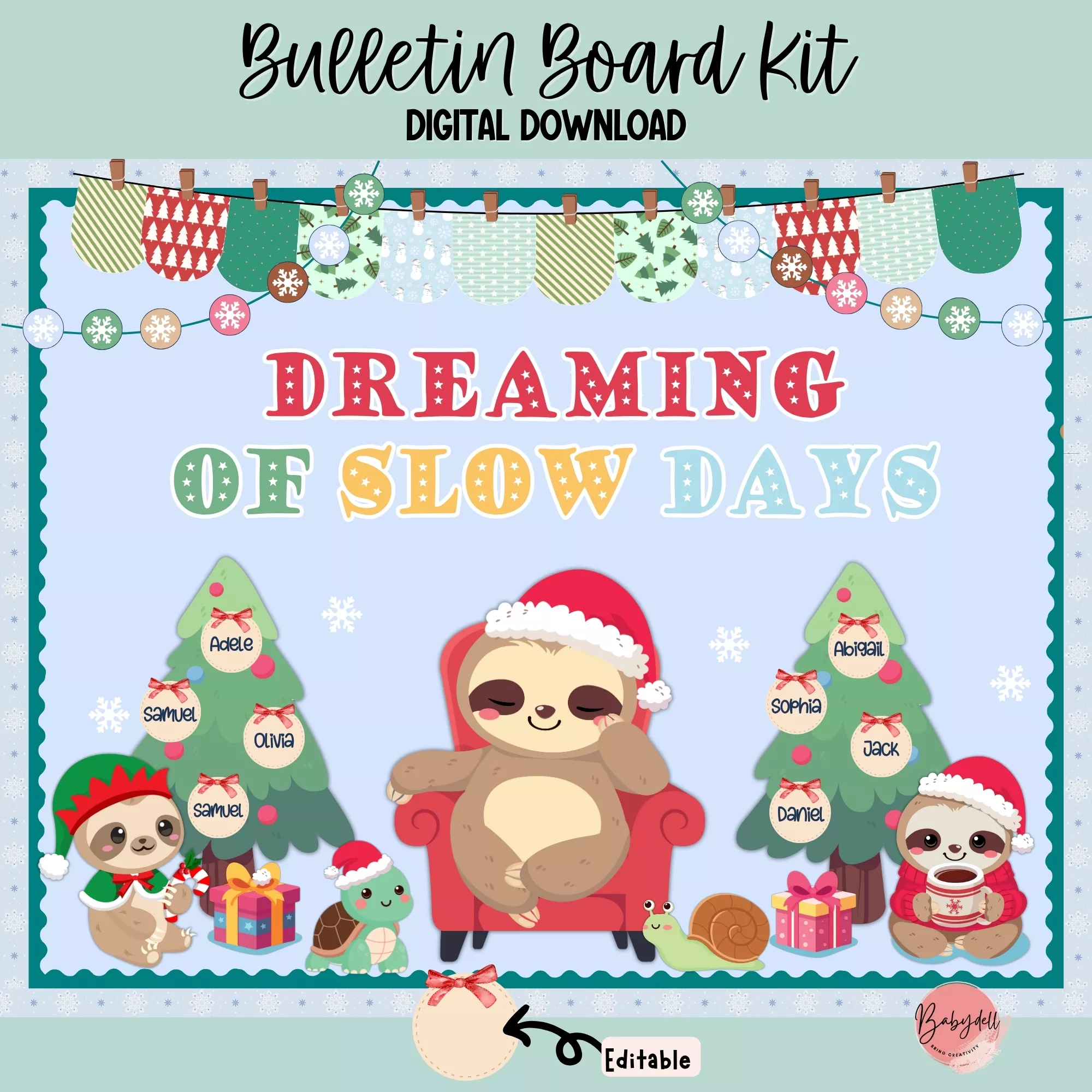 Christmas-themed bulletin board kit featuring sloths and mindful prompts.