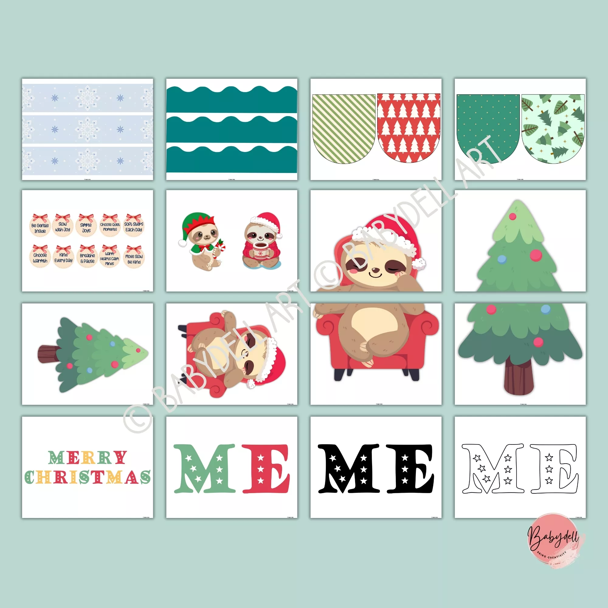 Sloth-themed Christmas bulletin board kit with colorful designs and mindful prompts.