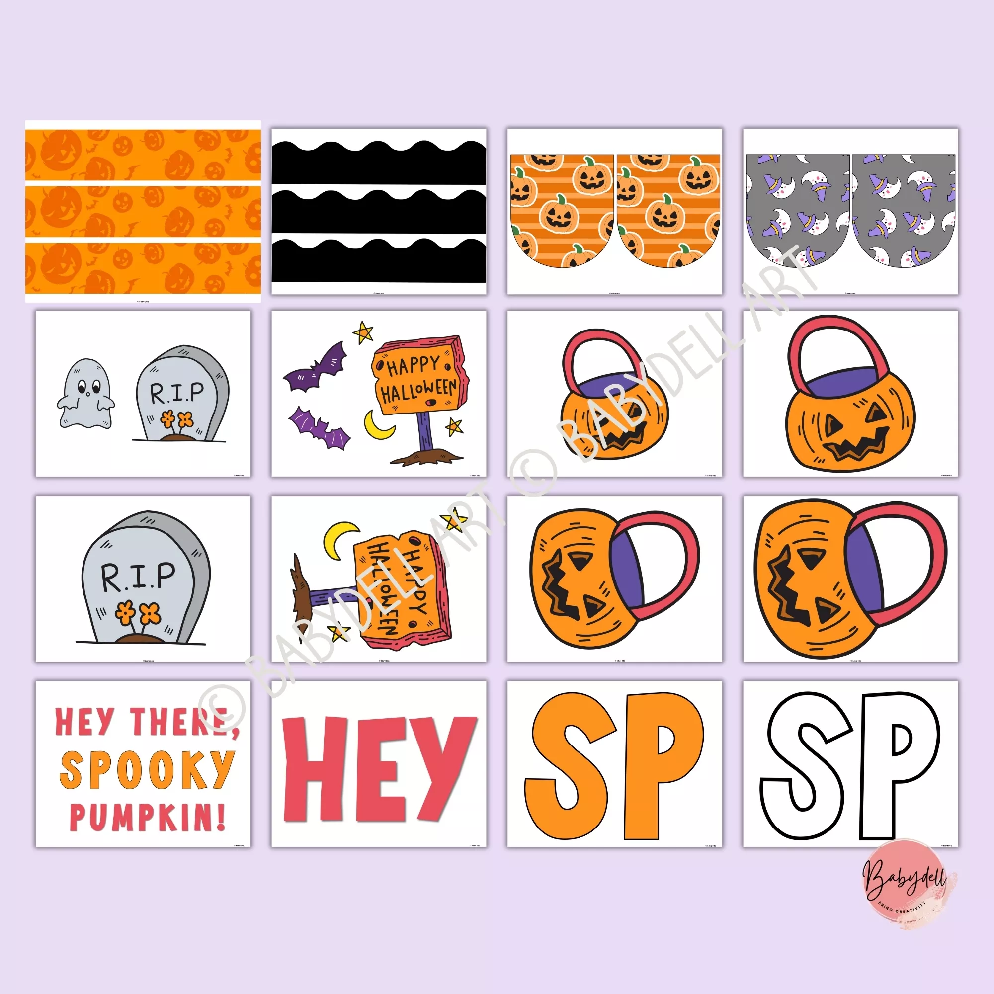 Colorful Halloween bulletin board kit featuring spooky pumpkin designs for classroom decor.