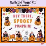 Colorful Halloween bulletin board kit featuring spooky pumpkins and classroom door decor.