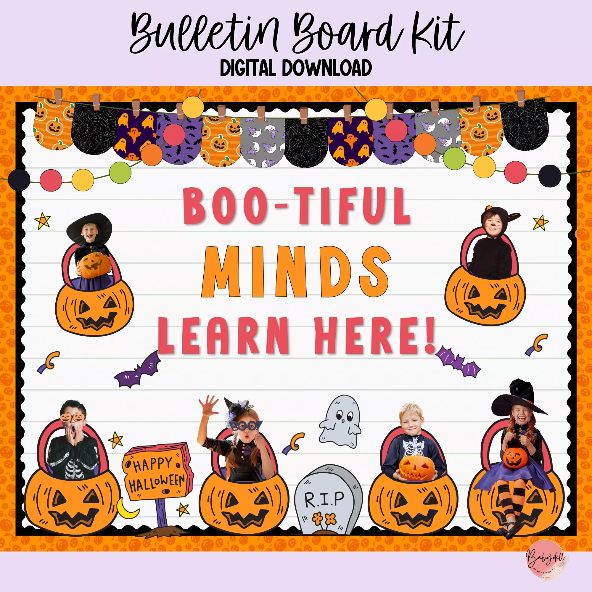 Halloween bulletin board kit featuring spooky pumpkin decorations for classroom doors.
