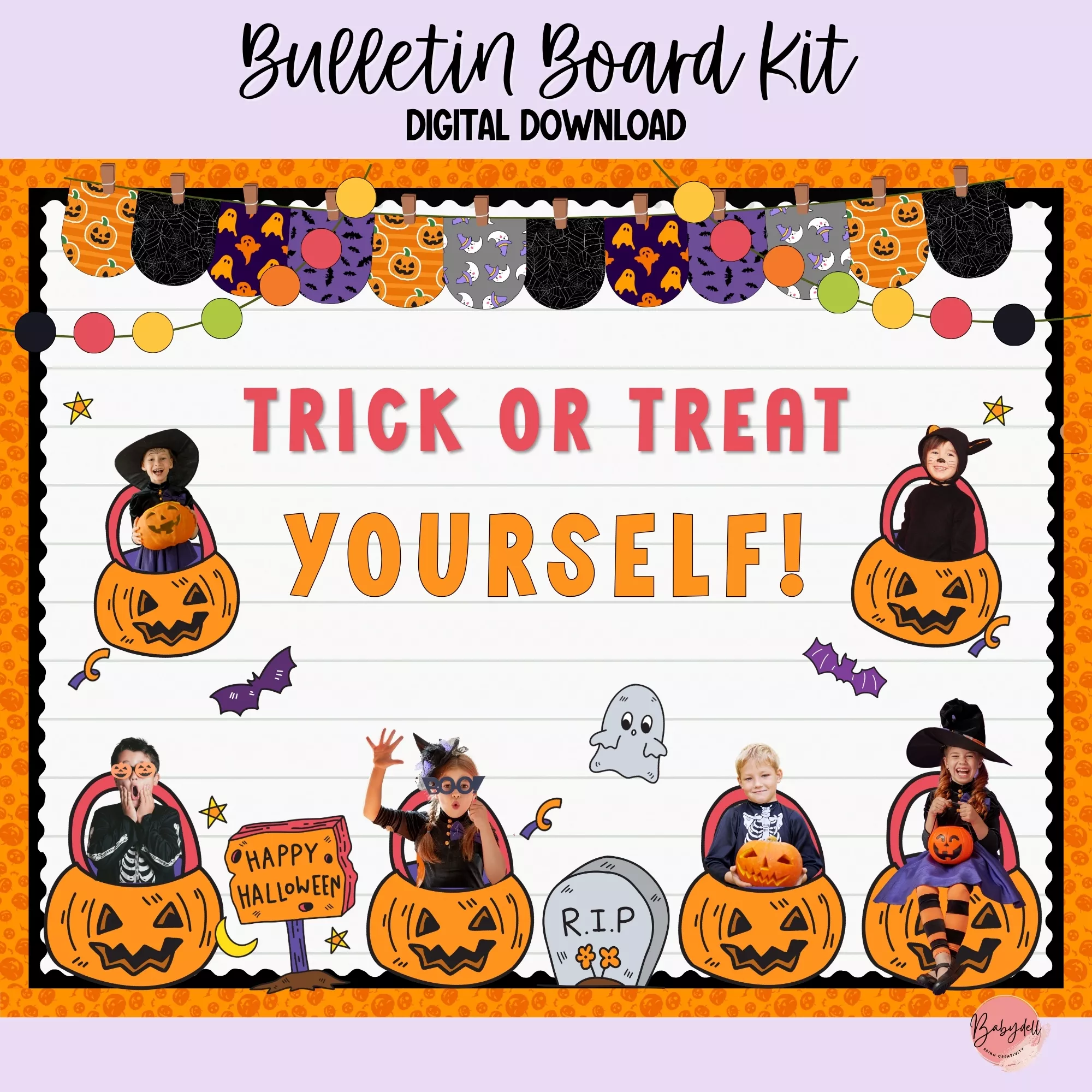Colorful Halloween bulletin board kit featuring spooky pumpkins and festive classroom decor.