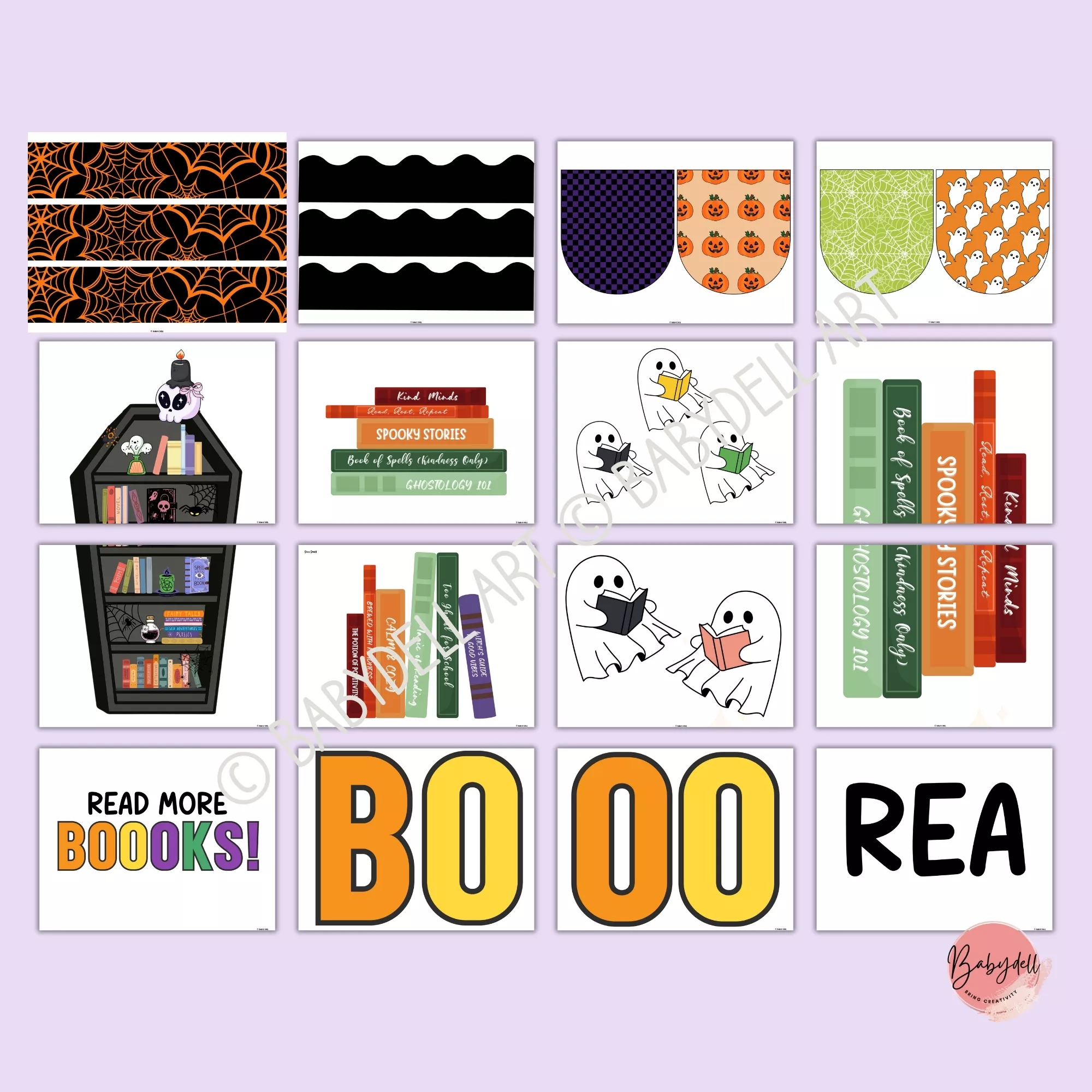Colorful Halloween ghost bulletin board kit for classroom decoration.