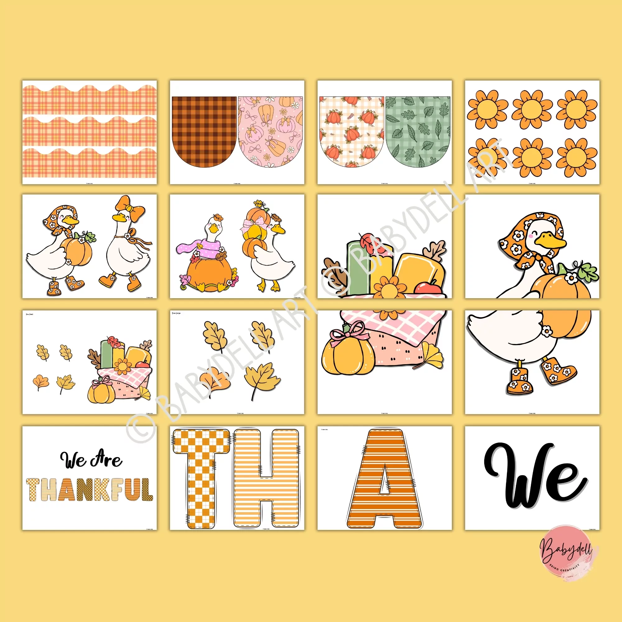 Colorful Thanksgiving bulletin board kit featuring a cheerful goose with autumn-themed decorations.