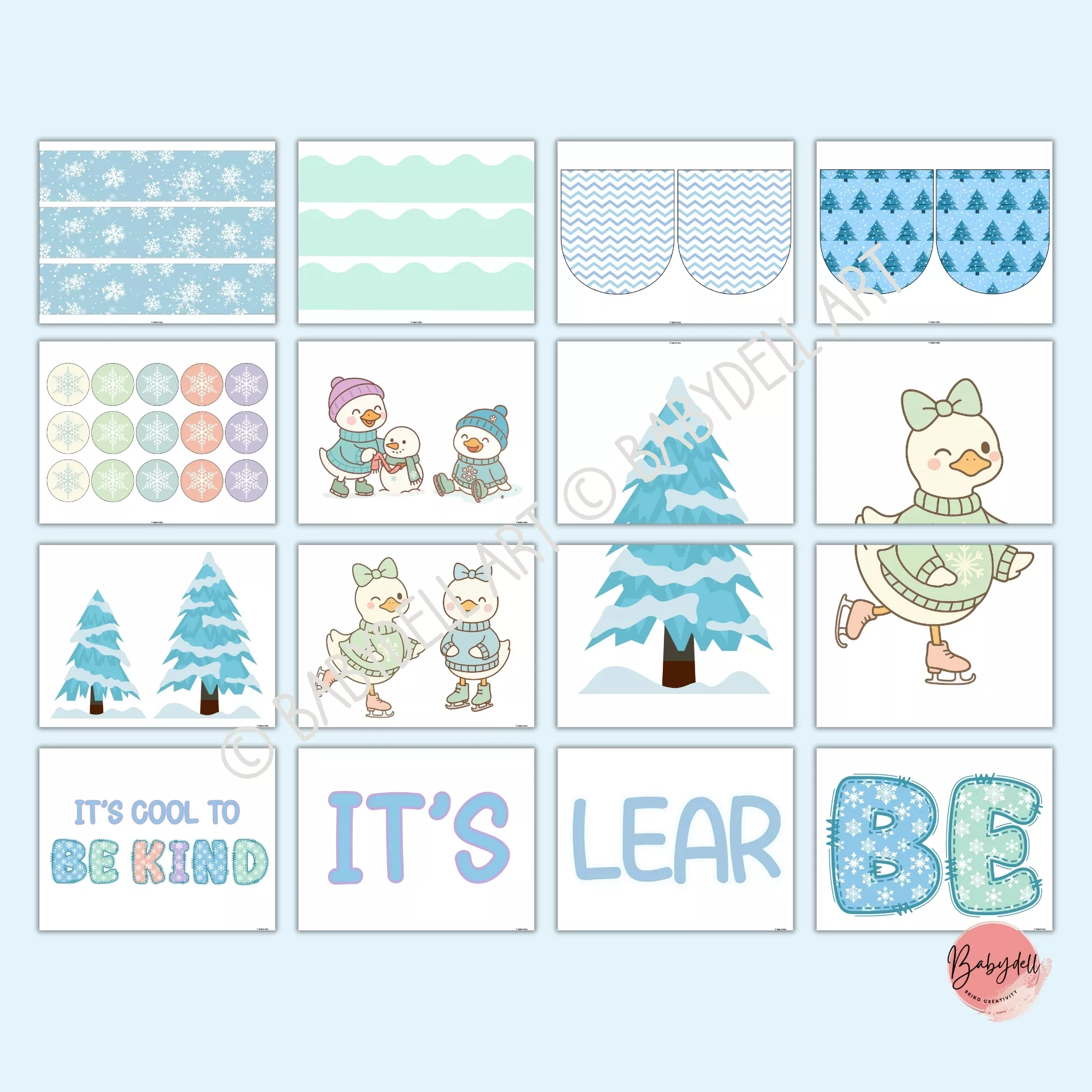 Colorful winter bulletin board set featuring cute ice skating geese and kindness messages