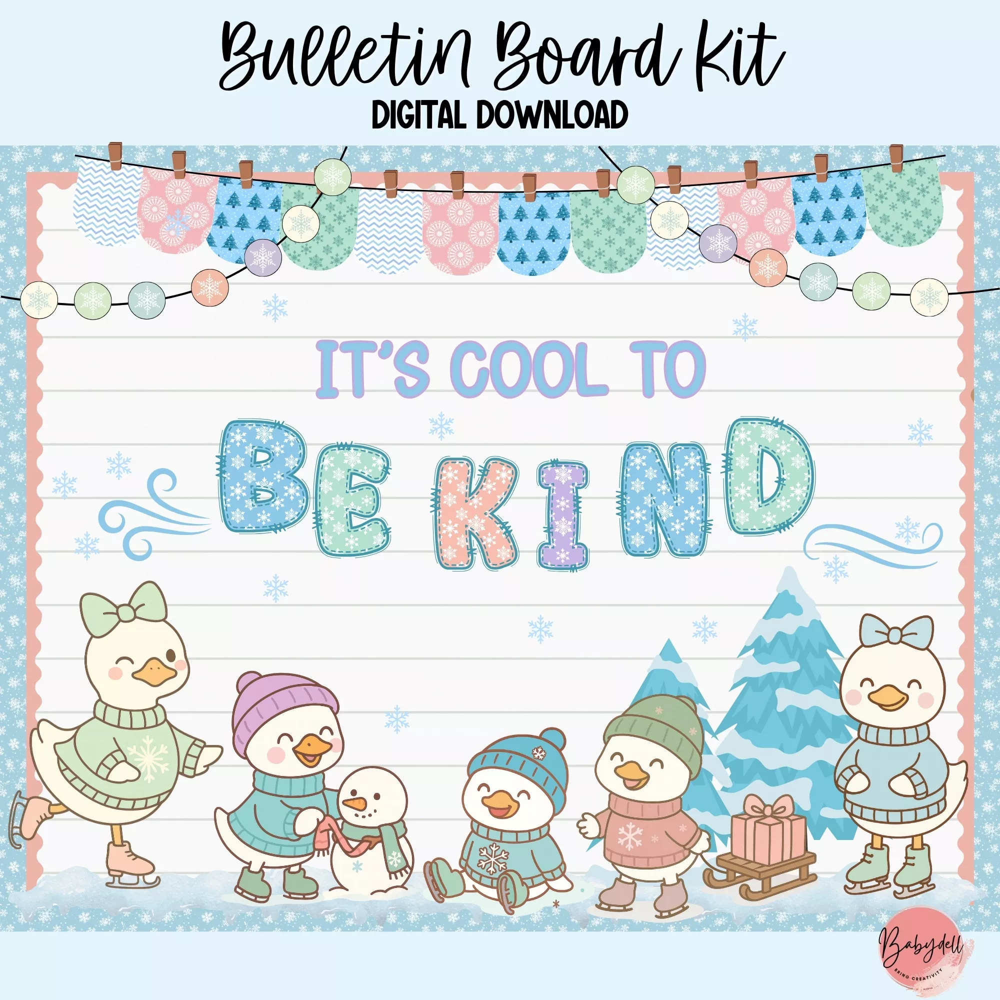 Colorful winter bulletin board featuring ice skating geese and a "Cool to Be Kind" theme for classroom decor.